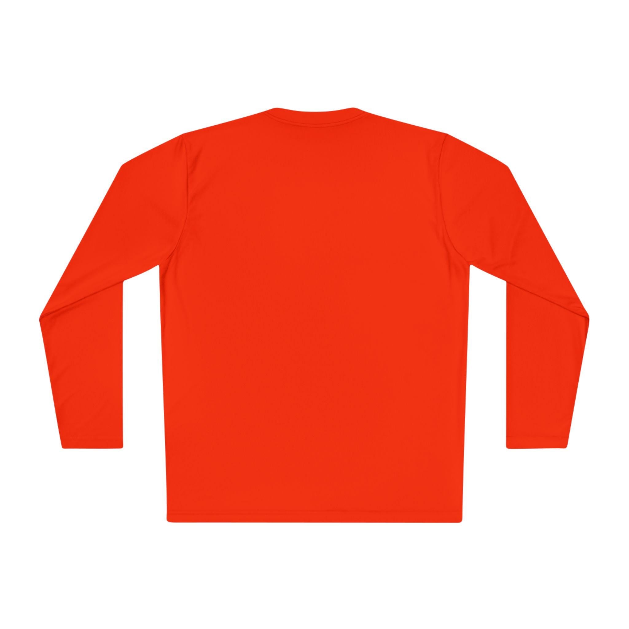 Back view of a plain orange long-sleeve polyester shirt — ideal for showcasing the clean, tag less design and smooth fabric texture. Great for Halloween custom apparel, activewear, or layering during the fall season. Unisex fit perfect for DIY printing or matching seasonal outfits.