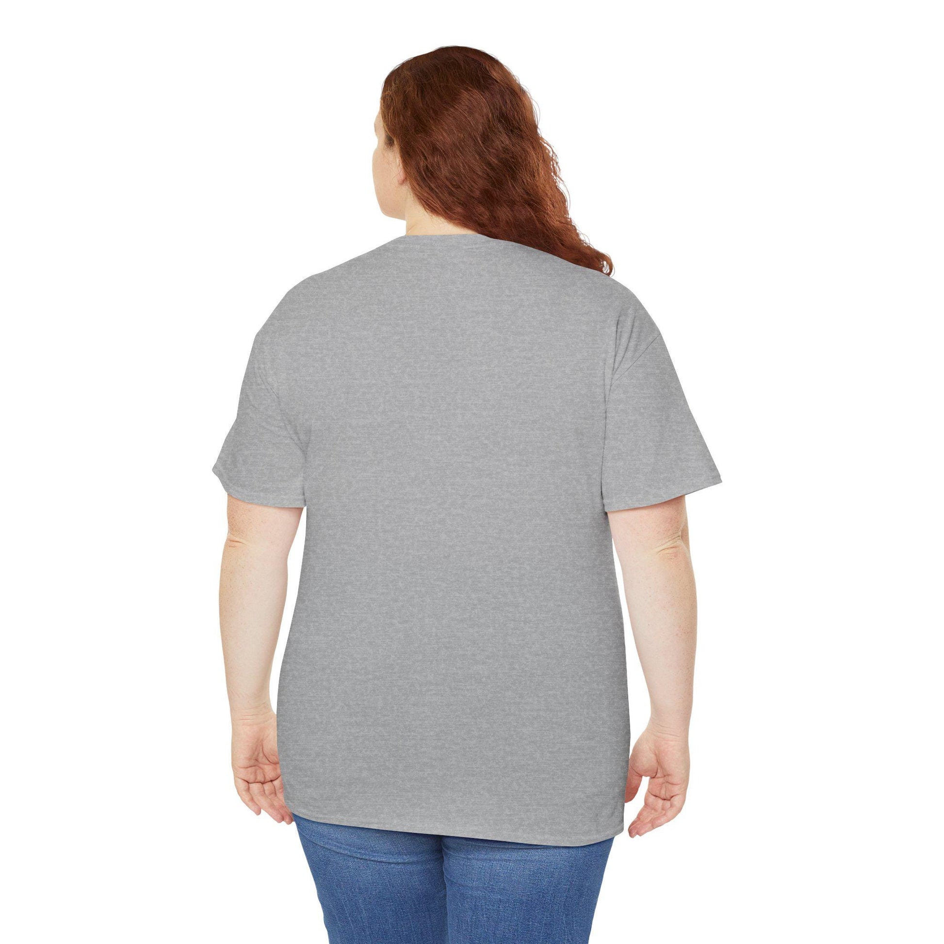 Back view of a woman wearing a heather gray short-sleeve t-shirt and blue jeans, standing against a white background. The t-shirt has a relaxed fit and a classic crew neck design, with no visible graphics or text on the back.