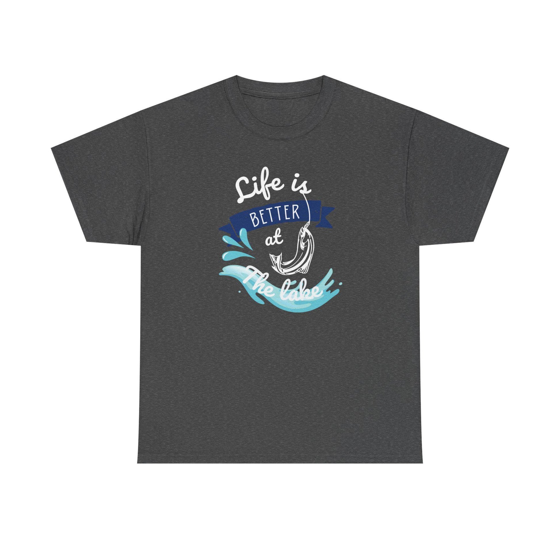 Flat lay of a dark heather gray unisex t-shirt featuring a colorful graphic with the phrase &#39;Life is Better at the Lake.&#39; The design includes a fish hook, blue splash accents, and a navy blue banner, printed in white, aqua, and blue tones.