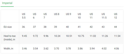 Shoe size chart in imperial units showing US sizes 5.5 to 12, corresponding EU sizes, heel-to-toe measurements in inches, and shoe widths—essential guide for selecting the right fit for canvas sneakers.