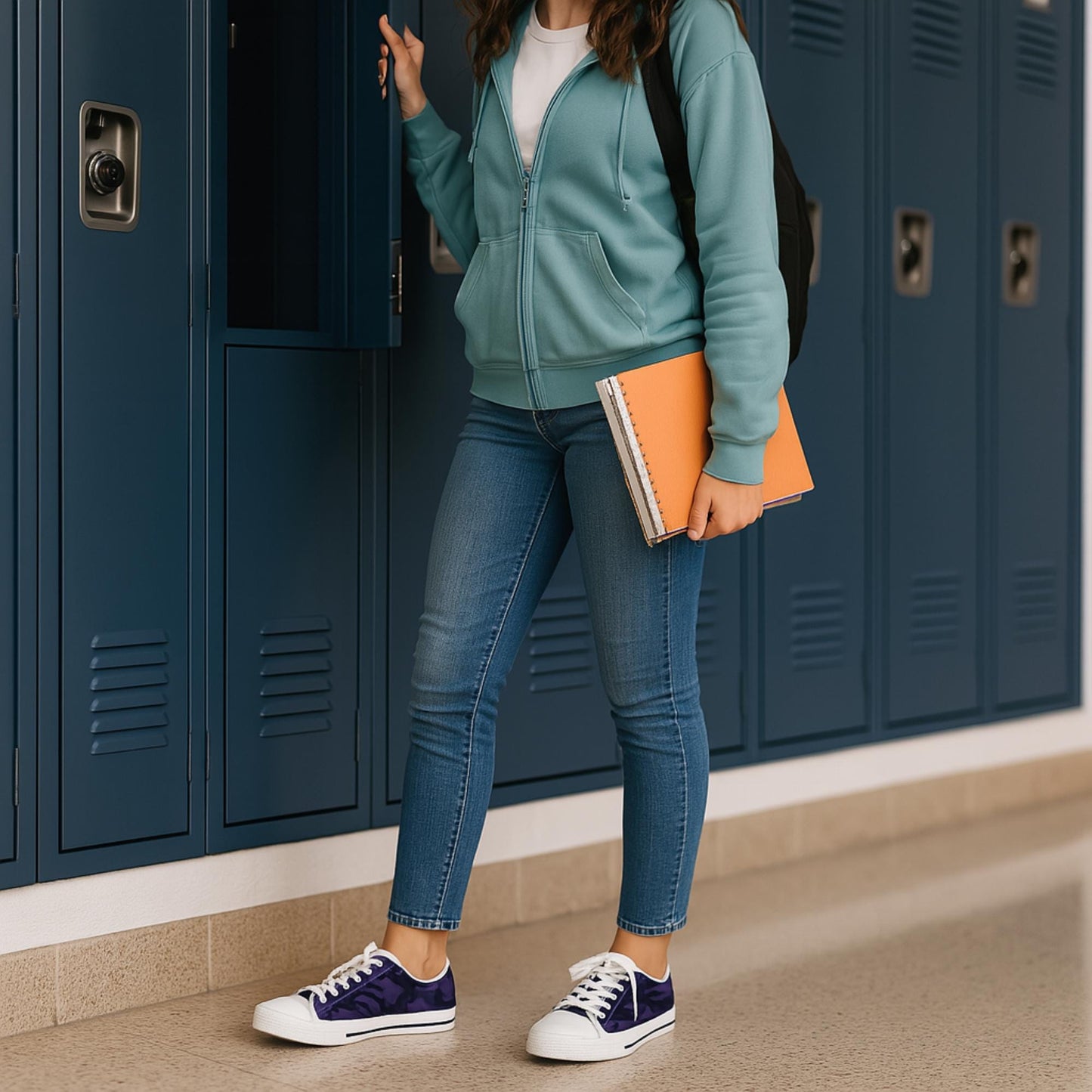 A student wearing a teal zip-up hoodie, blue jeans, and dark purple sneakers stands in front of blue school lockers, holding an orange notebook and opening a locker with a black backpack on their shoulder.