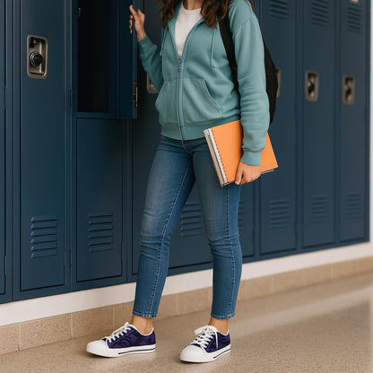 A student wearing a teal zip-up hoodie, blue jeans, and dark purple sneakers stands in front of blue school lockers, holding an orange notebook and opening a locker with a black backpack on their shoulder.
