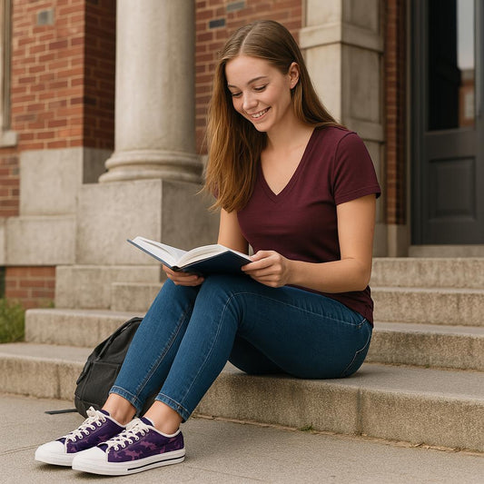 A student wearing a burgundy V-neck shirt, blue jeans, and purple camouflage sneakers with white soles sits on stone steps outside a building, smiling while reading a book. A black backpack rests on the ground beside her.