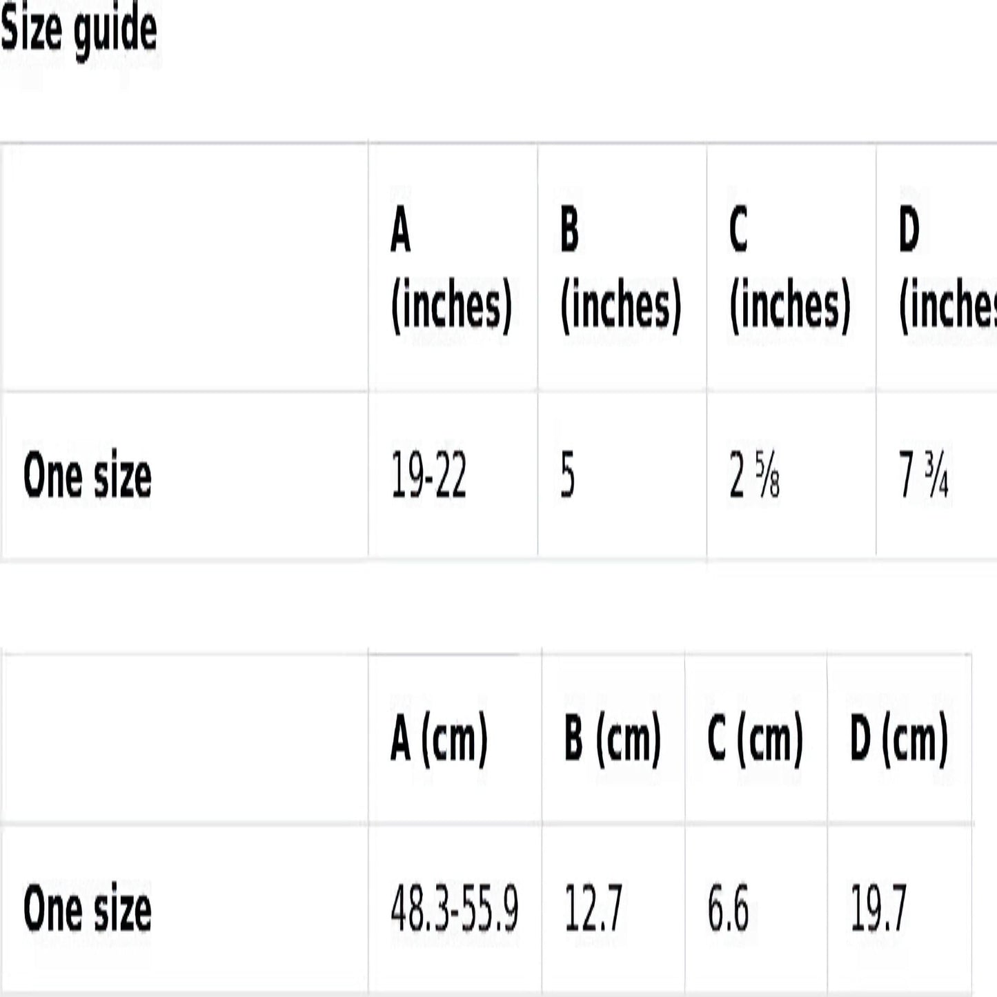 A size guide chart for a one-size hat is shown in both inches and centimeters. The measurements include:

A (head circumference): 19–22 inches (48.3–55.9 cm)

B (crown height): 5 inches (12.7 cm)

C (brim width): 2 5/8 inches (6.6 cm)

D (hat depth): 7 3/4 inches (19.7 cm)

The chart is organized in a table format with clear headings for each dimension and unit of measurement.