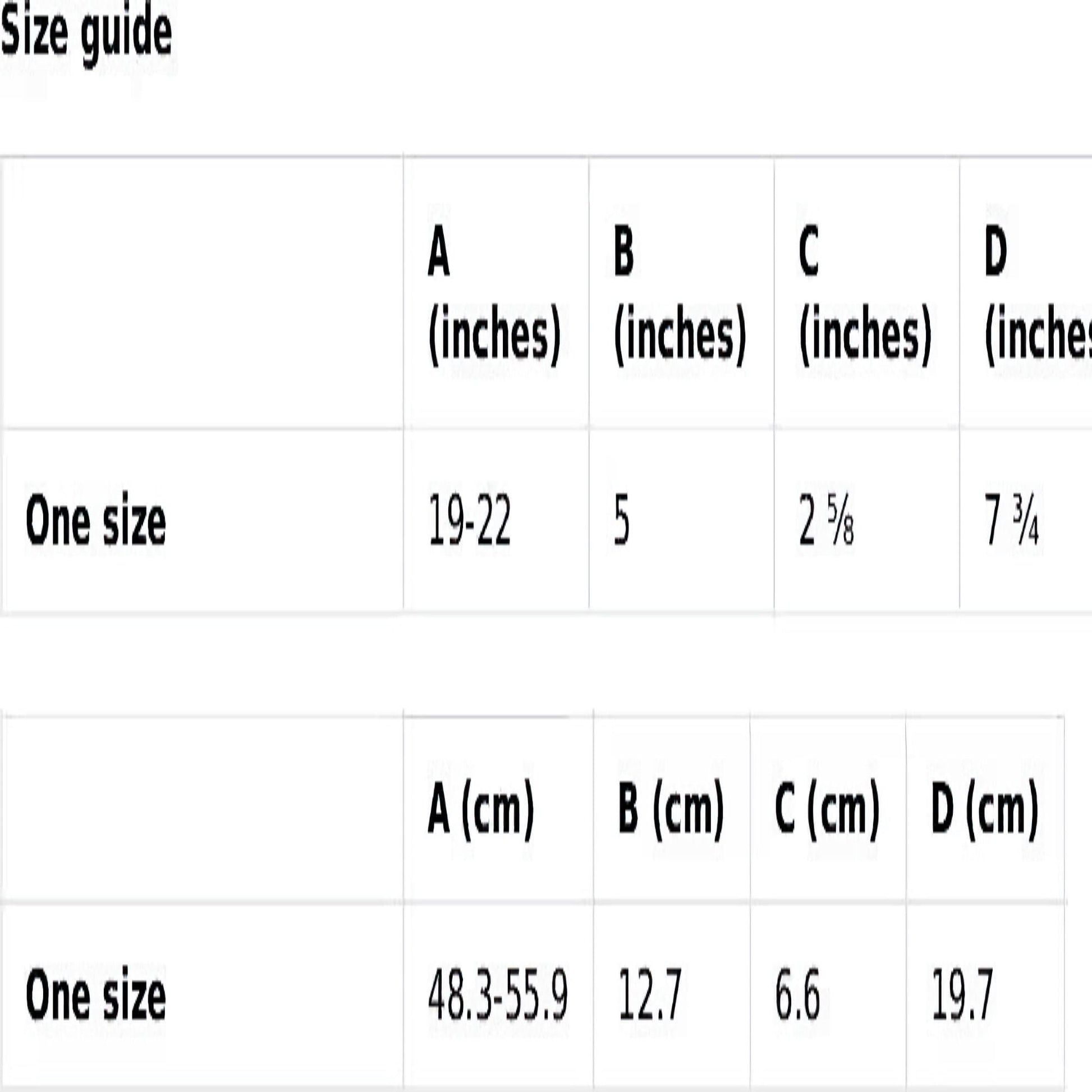 A size guide chart for a one-size hat is shown in both inches and centimeters. The measurements include:

A (head circumference): 19–22 inches (48.3–55.9 cm)

B (crown height): 5 inches (12.7 cm)

C (brim width): 2 5/8 inches (6.6 cm)

D (hat depth): 7 3/4 inches (19.7 cm)

The chart is organized in a table format with clear headings for each dimension and unit of measurement.