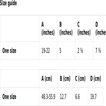 A size guide chart for a one-size hat is shown in both inches and centimeters. The measurements include:

A (head circumference): 19–22 inches (48.3–55.9 cm)

B (crown height): 5 inches (12.7 cm)

C (brim width): 2 5/8 inches (6.6 cm)

D (hat depth): 7 3/4 inches (19.7 cm)

The chart is organized in a table format with clear headings for each dimension and unit of measurement.