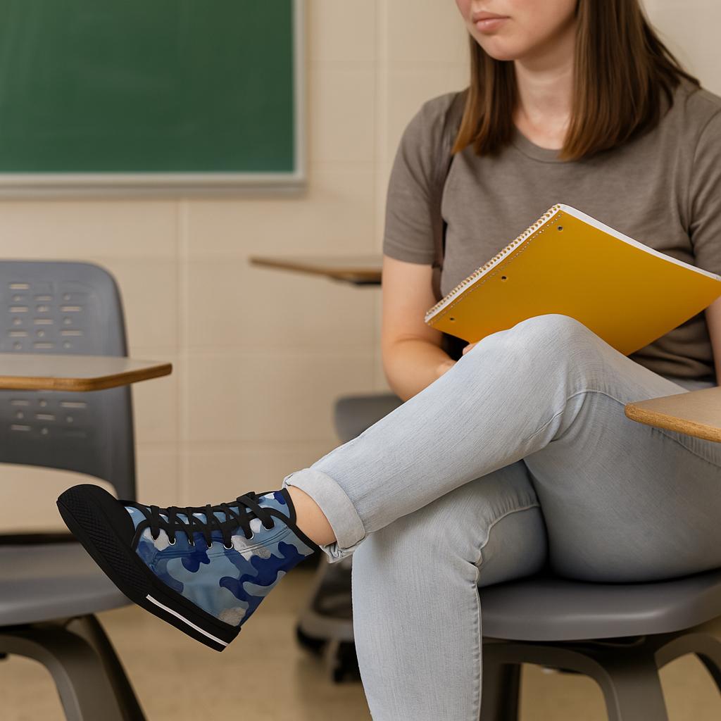 A student sits in a classroom with one leg crossed over the other, holding a yellow notebook. She is wearing light blue jeans, a gray t-shirt, and blue camouflage high-top sneakers with black soles and laces. A chalkboard and gray desks are visible in the background.