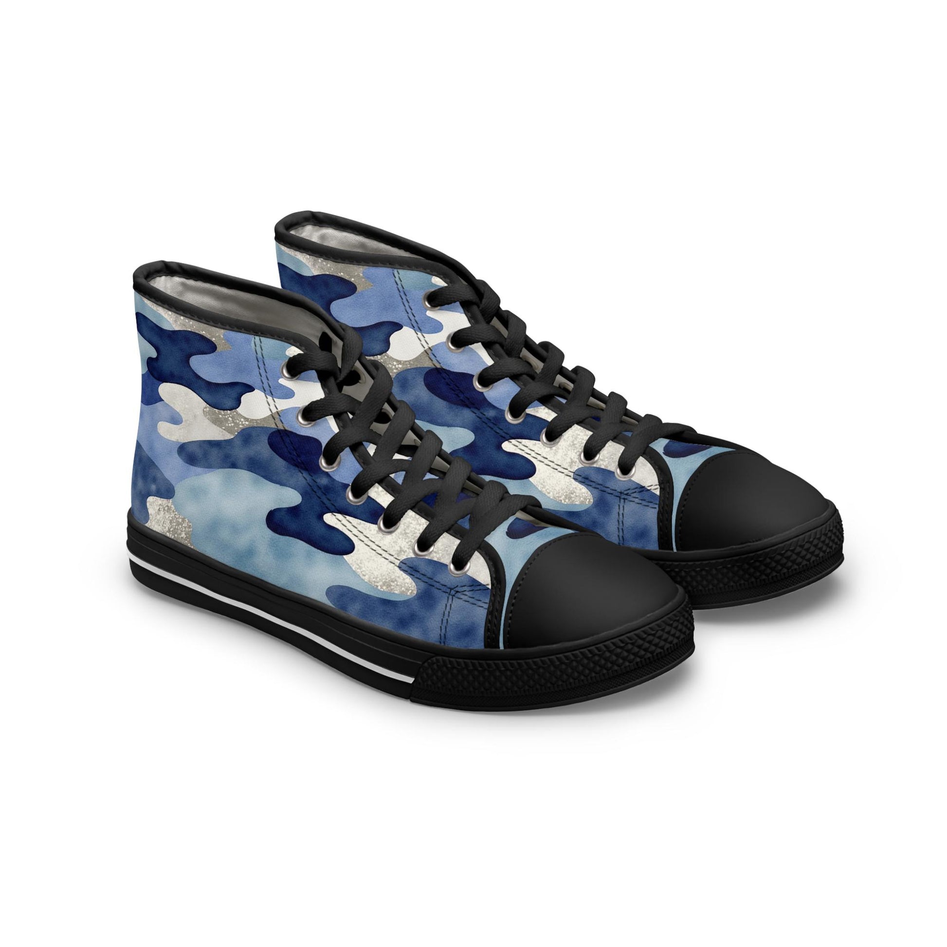 A pair of high-top sneakers with a blue camouflage pattern accented by shades of navy, light blue, and silver. The shoes feature black rubber soles, black toe caps, and black laces, giving them a bold, edgy look. Displayed on a clean white background.