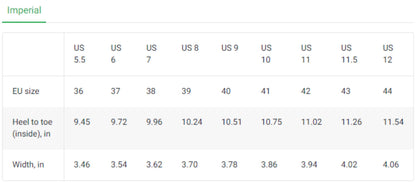 A size chart displayed in imperial units shows conversions between US and EU shoe sizes, along with corresponding foot measurements in inches. The chart includes US sizes 5.5 to 12 and EU sizes 36 to 44. It also lists heel-to-toe (inside) lengths ranging from 9.45 to 11.54 inches and widths ranging from 3.46 to 4.06 inches.