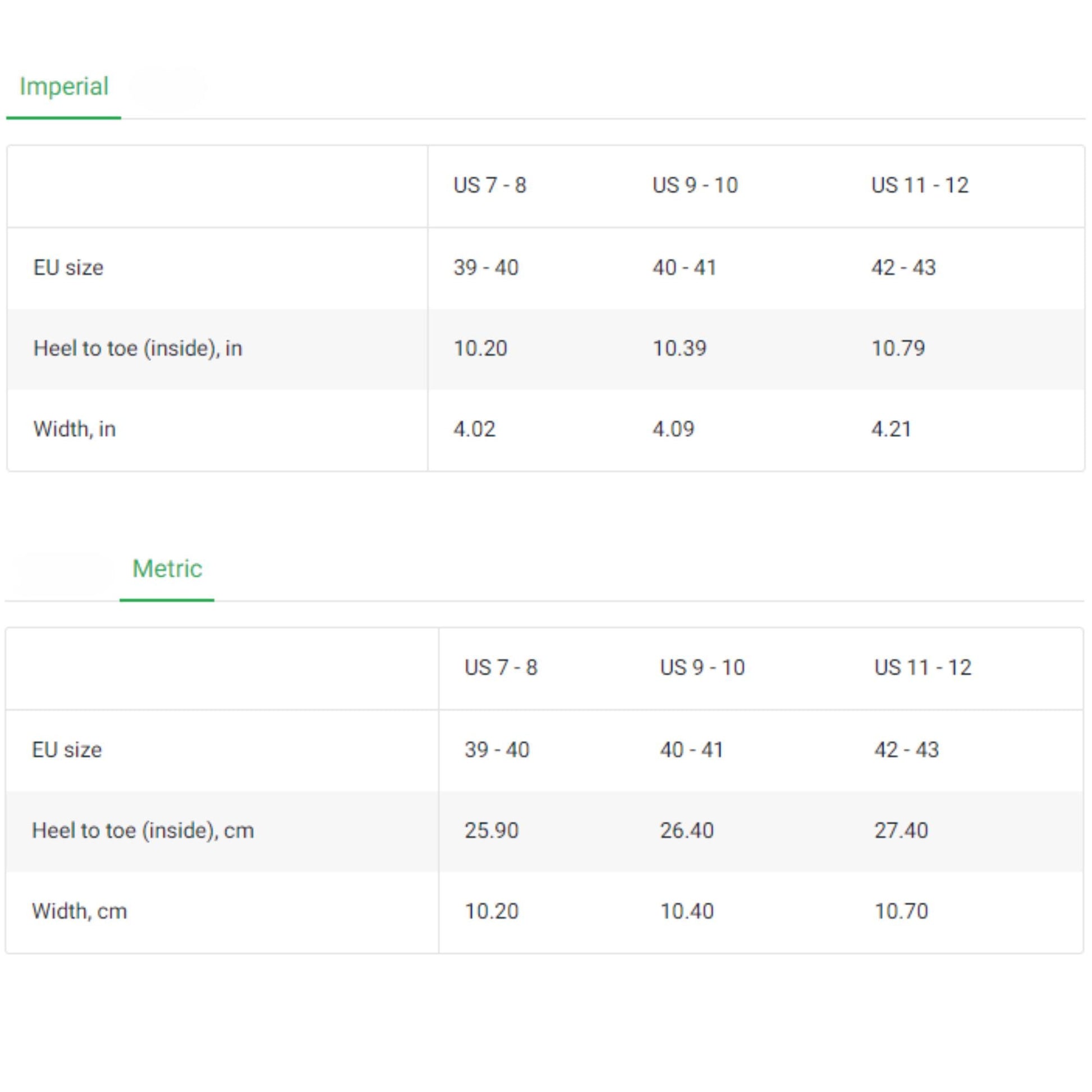 Size chart for slippers displaying both imperial and metric measurements. The chart includes three US size ranges: 7–8, 9–10, and 11–12. Corresponding EU sizes are 39–40, 40–41, and 42–43. Heel-to-toe measurements range from 10.20 to 10.79 inches (25.90 to 27.40 cm), and widths range from 4.02 to 4.21 inches (10.20 to 10.70 cm).