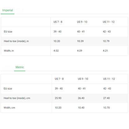 Size chart for slippers displaying both imperial and metric measurements. The chart includes three US size ranges: 7–8, 9–10, and 11–12. Corresponding EU sizes are 39–40, 40–41, and 42–43. Heel-to-toe measurements range from 10.20 to 10.79 inches (25.90 to 27.40 cm), and widths range from 4.02 to 4.21 inches (10.20 to 10.70 cm).