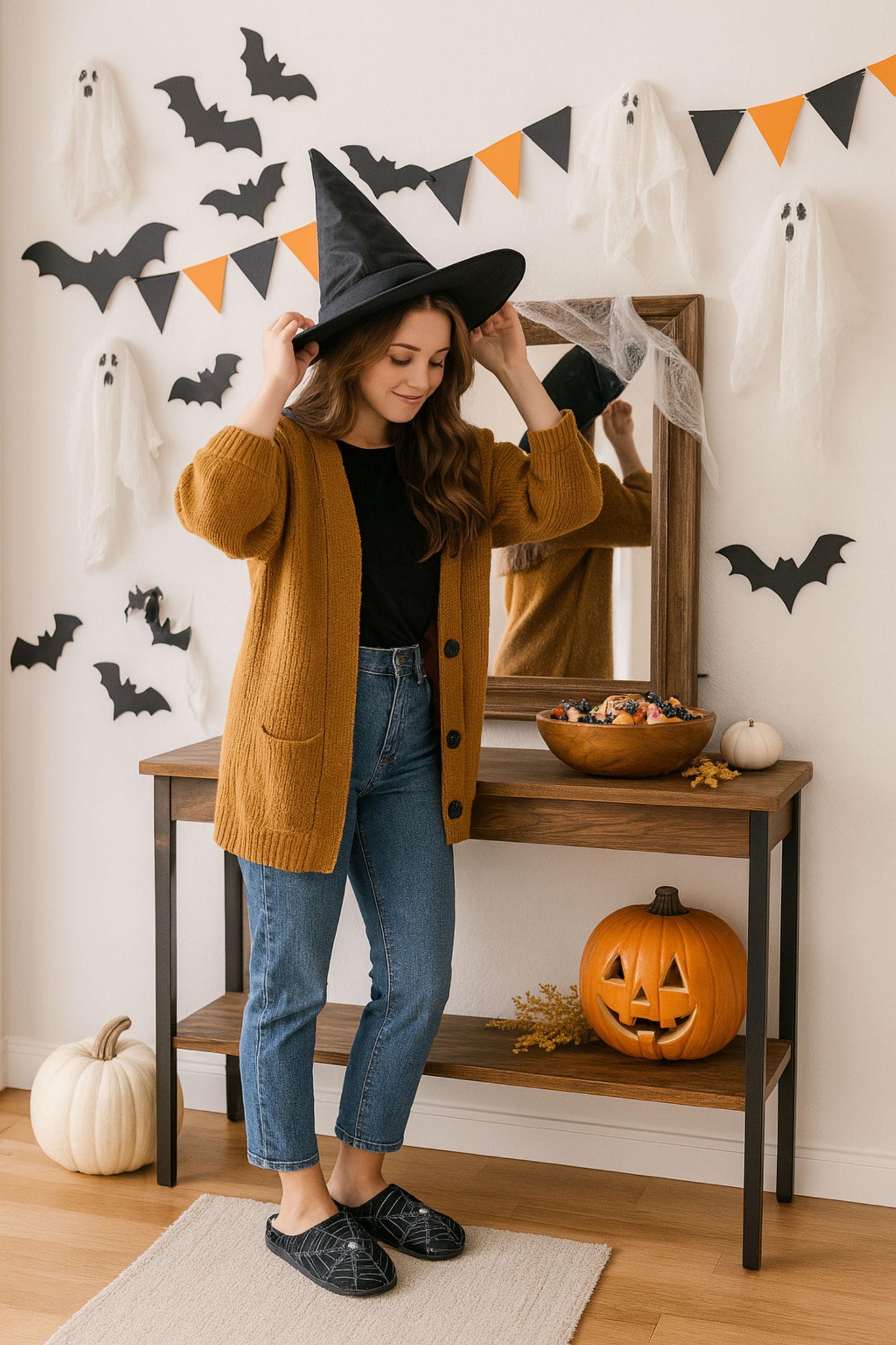 A young woman wearing a cozy mustard cardigan, jeans, and black spiderweb-patterned slippers adjusts a witch hat on her head. She stands in a festively decorated room with Halloween-themed décor, including hanging ghosts, black bat cutouts, orange and black bunting, a jack-o&#39;-lantern, and a bowl of treats on a wooden table.