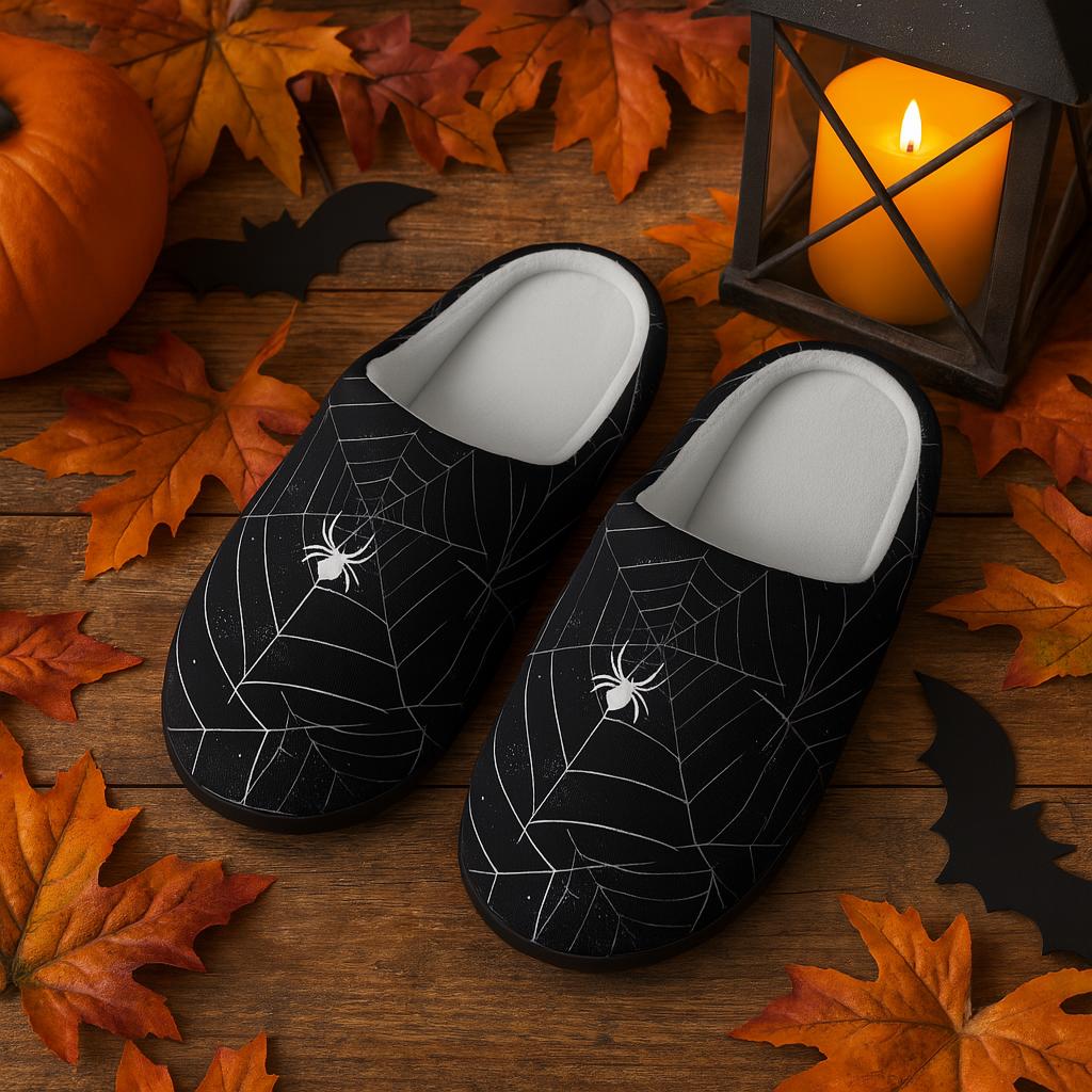 A pair of black slippers with white spiderweb and spider designs are displayed on a wooden surface surrounded by autumn leaves, paper bats, a small pumpkin, and a lit candle in a lantern. The cozy Halloween-themed setup evokes a festive fall atmosphere.