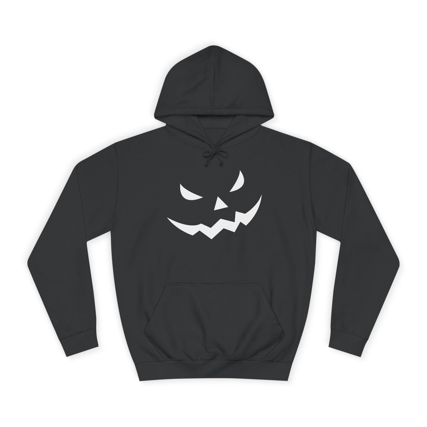 Black hoodie laid flat on a white background, featuring a bold white jack-o&#39;-lantern face design on the front. The hoodie has a front pocket and drawstring hood, ideal for a spooky Halloween style.