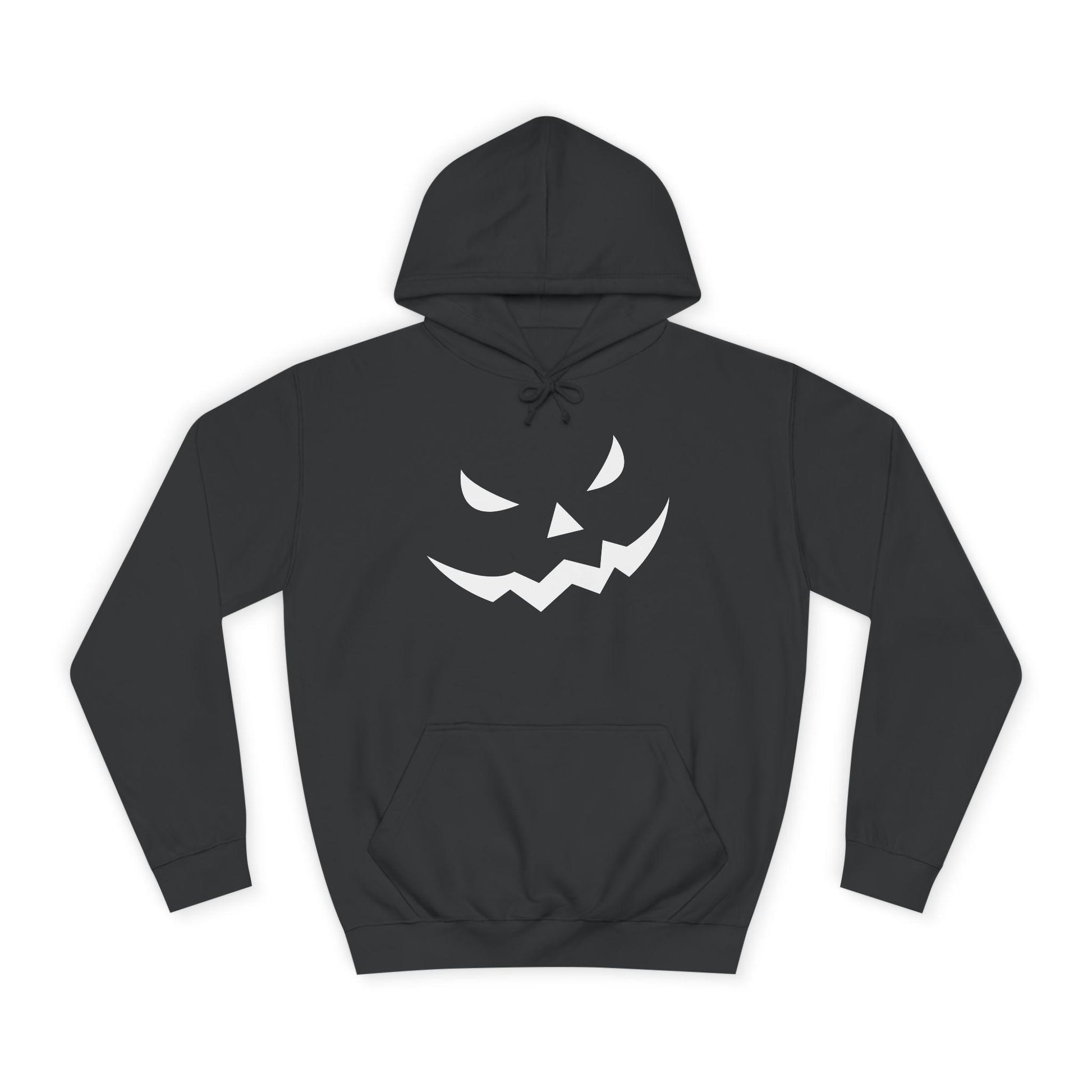 Black hoodie laid flat on a white background, featuring a bold white jack-o&#39;-lantern face design on the front. The hoodie has a front pocket and drawstring hood, ideal for a spooky Halloween style.