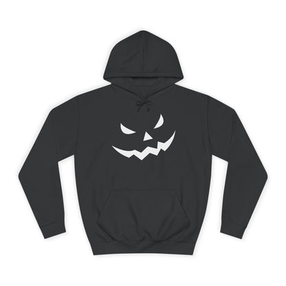 Black hoodie laid flat on a white background, featuring a bold white jack-o&#39;-lantern face design on the front. The hoodie has a front pocket and drawstring hood, ideal for a spooky Halloween style.