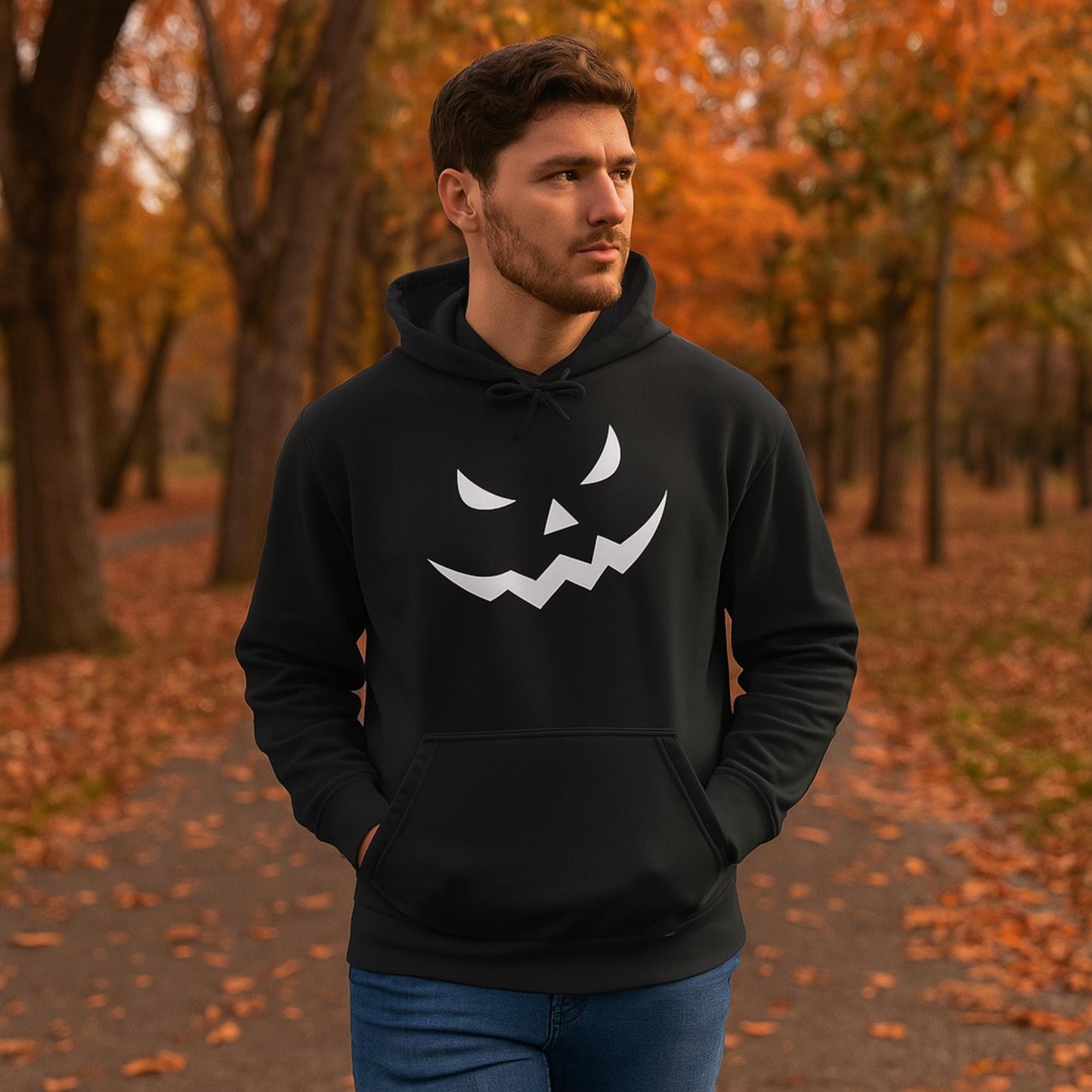 Man walking through a tree-lined path in a park during autumn, wearing a black hoodie with a white jack-o&#39;-lantern face design on the front. The ground is covered with fallen orange leaves, and the trees display vibrant fall foliage.