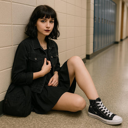 Young woman with dark hair and bangs sitting on the floor of a school hallway, leaning against a tiled wall. She is wearing a black dress, a black denim jacket, and black high-top sneakers with a white spiderweb and spider design. A black backpack rests beside her.