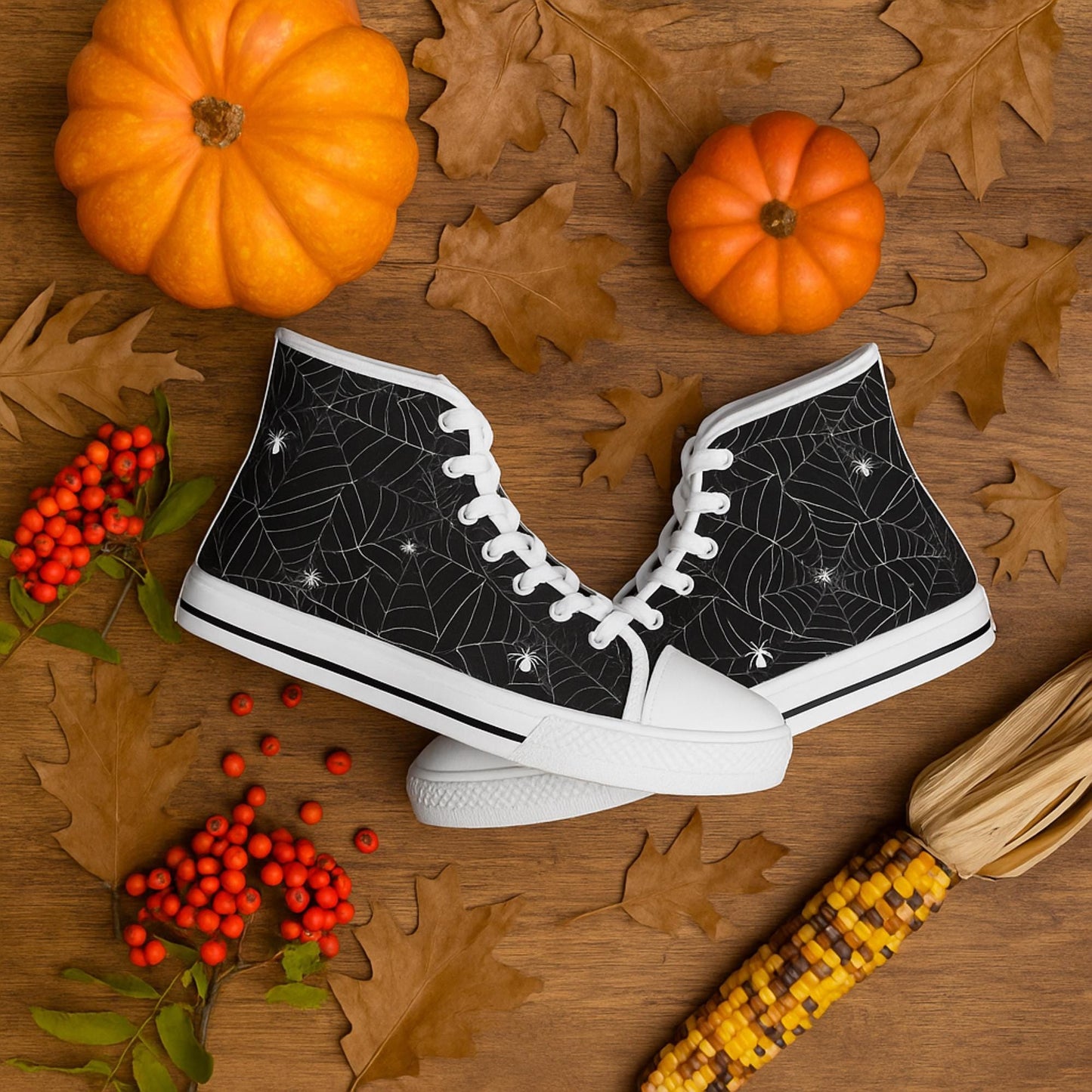 Pair of black high-top sneakers with a white spiderweb and spider design, featuring white laces and soles. The shoes are displayed on a wooden surface surrounded by autumn-themed decorations including pumpkins, dried leaves, red berries, and decorative corn.