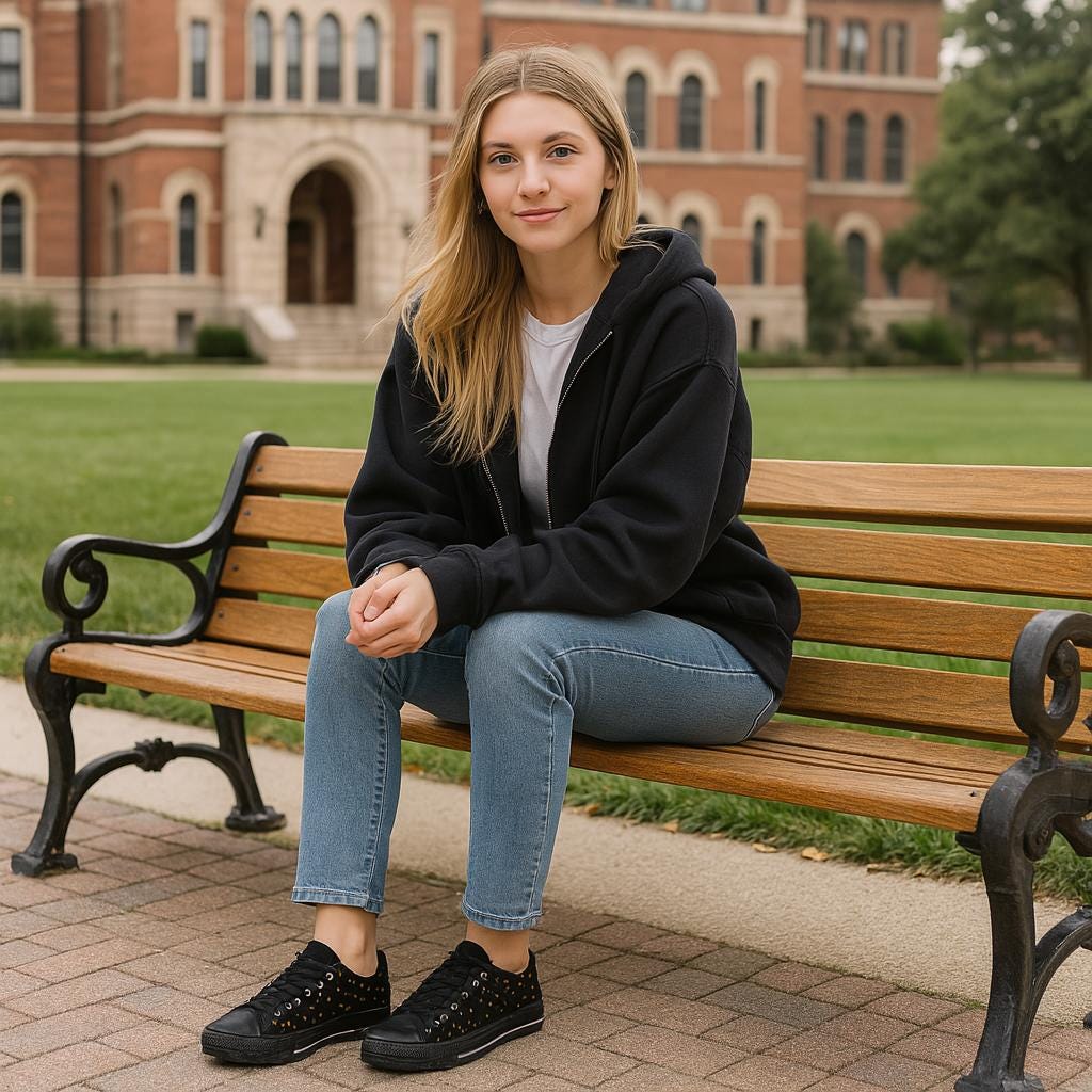 A young woman with long blonde hair is sitting on a wooden bench in front of a large brick academic building. She is wearing a black hoodie, light blue jeans, and black sneakers with gold eyelets. The scene takes place outdoors on a college campus, with green grass and trees in the background. She is smiling softly and looking at the camera.