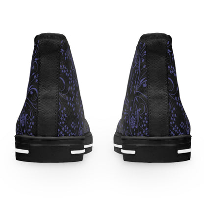 Rear view of a pair of high-top sneakers shown against a white background. The shoes feature a black upper with an intricate purple floral and paisley pattern. A solid black vertical strip runs down the back of each shoe, complementing the black soles with white accent lines for a sleek, stylish contrast.