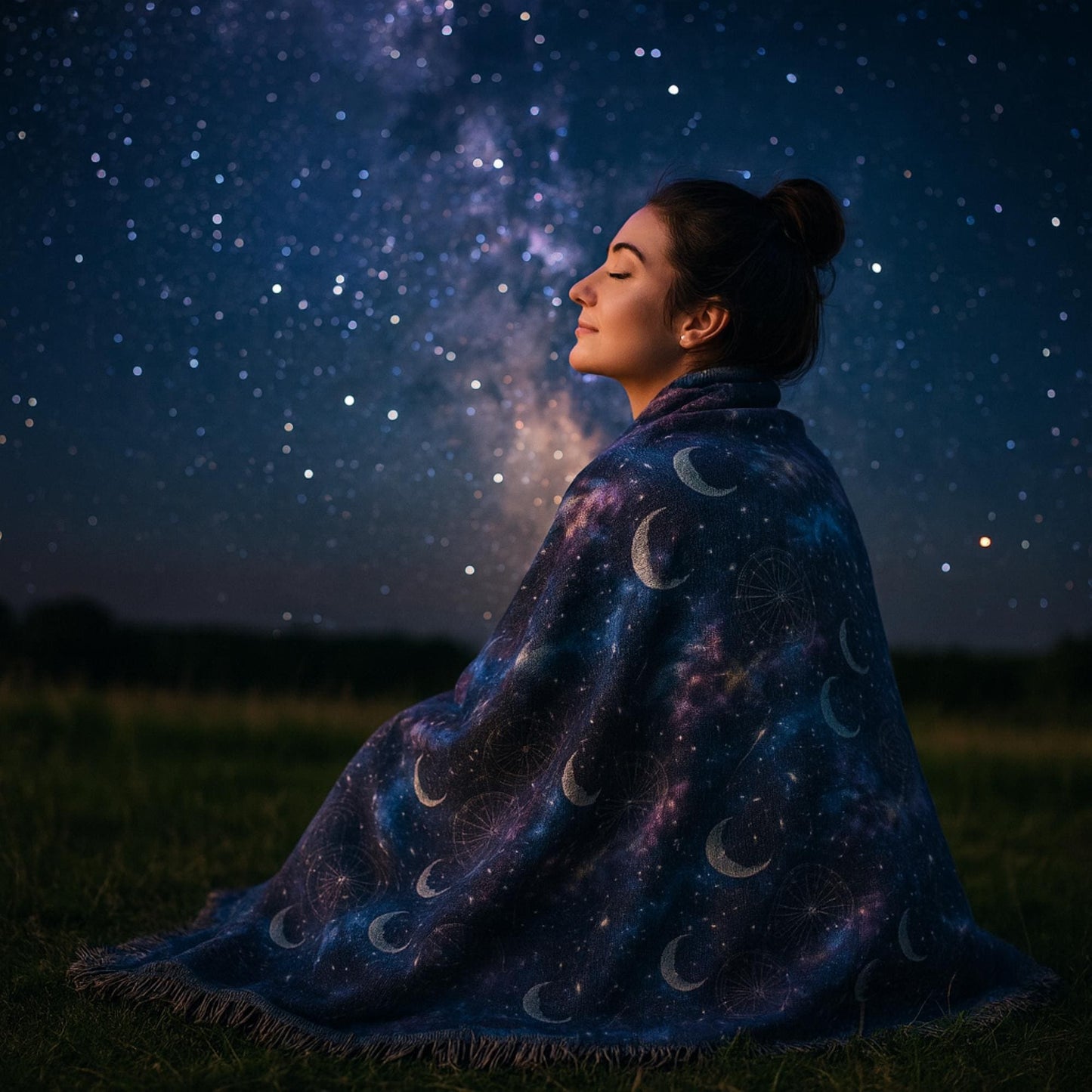 A woman sits peacefully on grass under a star-filled night sky, wrapped in a celestial-themed woven blanket. The blanket features a design of crescent moons, stars, and constellations against a deep blue and purple galaxy background. She has her eyes closed and a serene expression, with the Milky Way visibly glowing behind her.