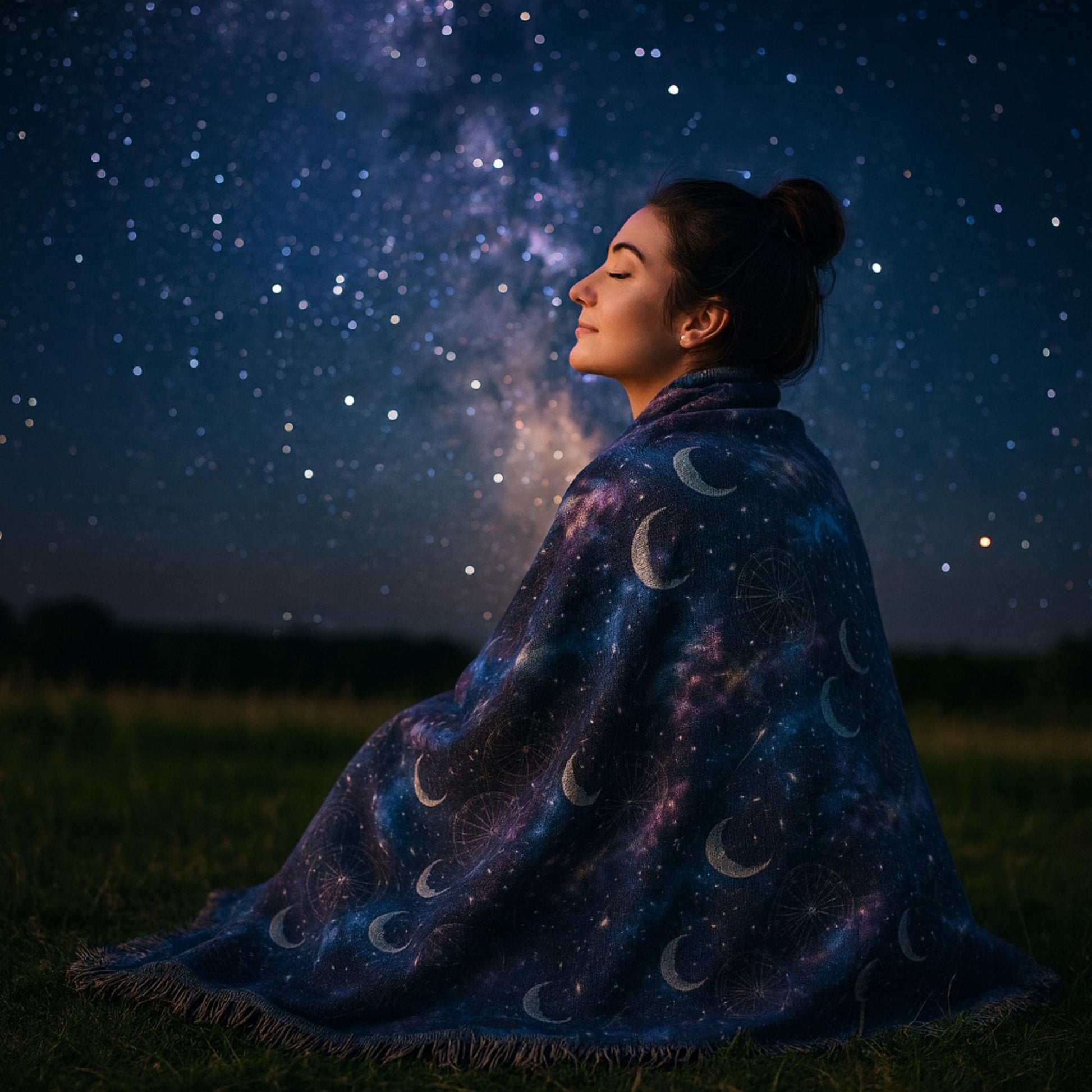 A woman sits peacefully on grass under a star-filled night sky, wrapped in a celestial-themed woven blanket. The blanket features a design of crescent moons, stars, and constellations against a deep blue and purple galaxy background. She has her eyes closed and a serene expression, with the Milky Way visibly glowing behind her.