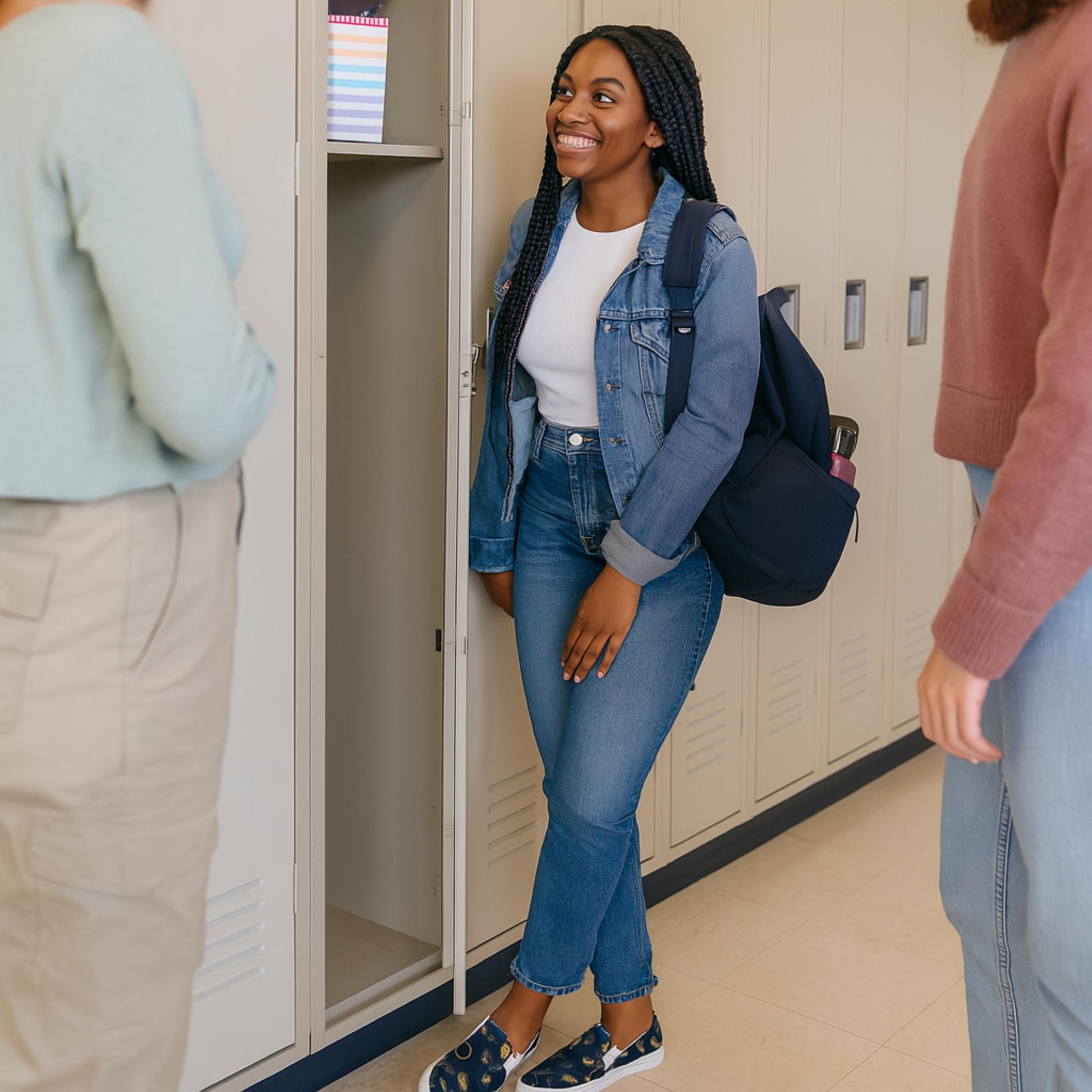 Smiling student wearing a denim jacket and jeans, standing by an open school locker and chatting with friends. She has a navy backpack and is wearing dark slip-on shoes decorated with a gold celestial pattern of stars and moons.