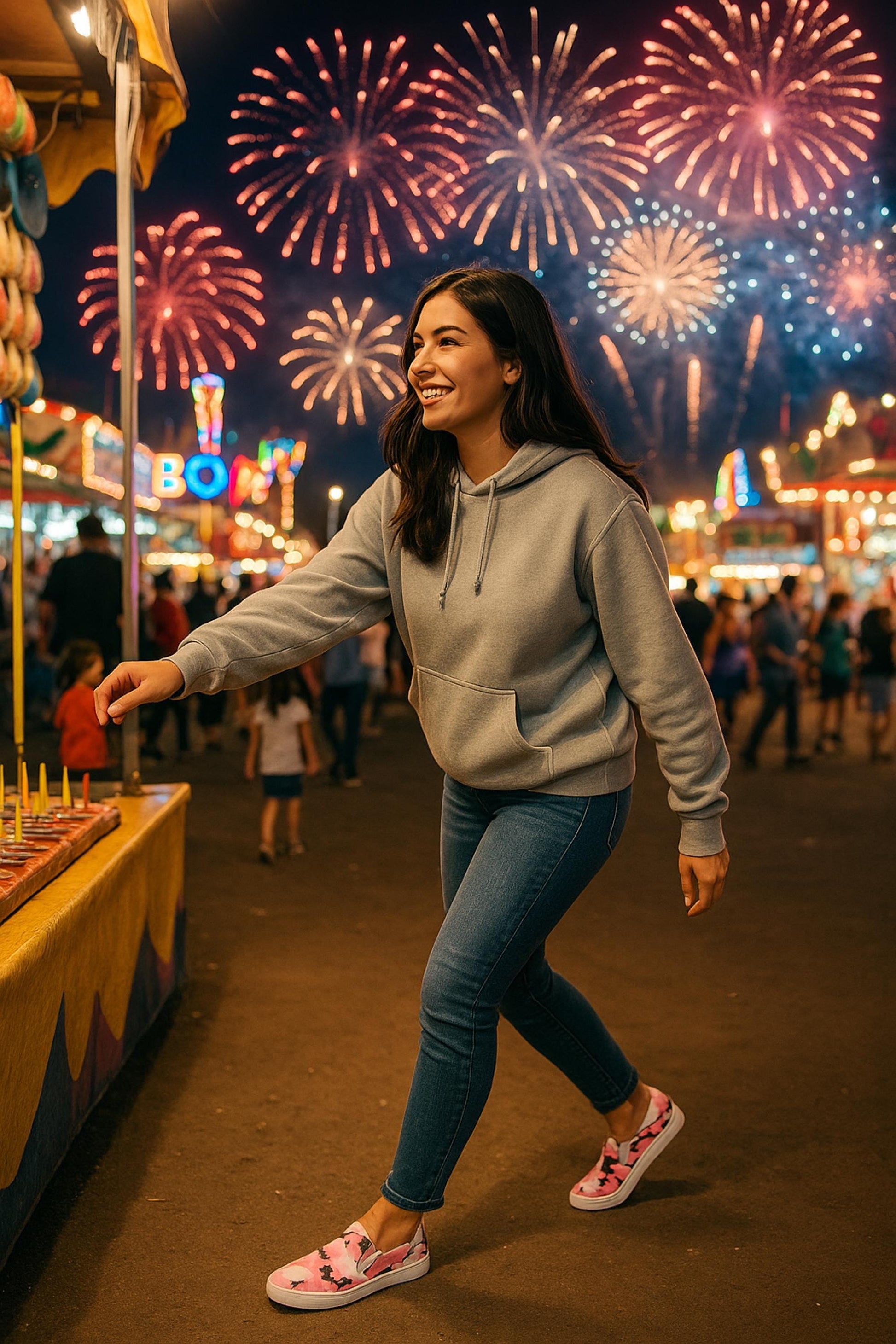 Smiling woman wearing a gray hoodie, blue jeans, and pink camouflage slip-on shoes playing a carnival game at night, with colorful fireworks lighting up the sky and bright fairground lights in the background.