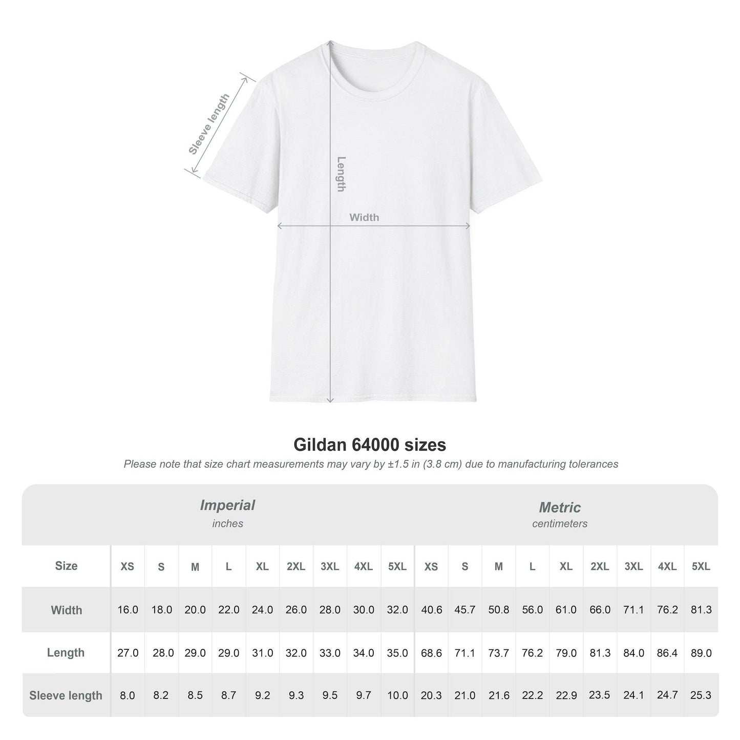 Gildan 64000 unisex t-shirt size chart featuring detailed measurements for width, length, and sleeve length in both inches (Imperial) and centimeters (Metric) for sizes XS through 5XL. Includes diagram showing how to measure t-shirt dimensions for accurate fit.