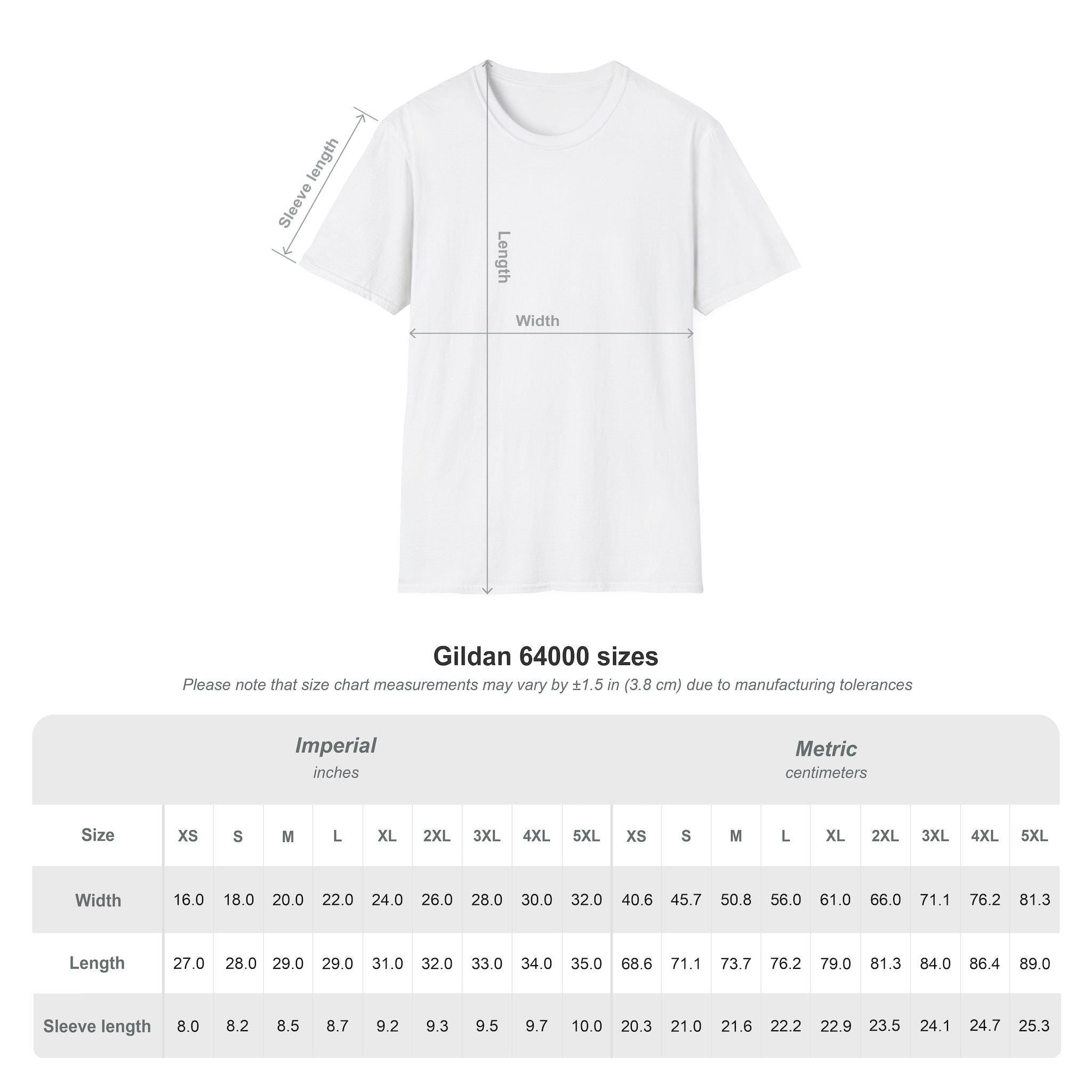 Gildan 64000 unisex t-shirt size chart featuring detailed measurements for width, length, and sleeve length in both inches (Imperial) and centimeters (Metric) for sizes XS through 5XL. Includes diagram showing how to measure t-shirt dimensions for accurate fit.