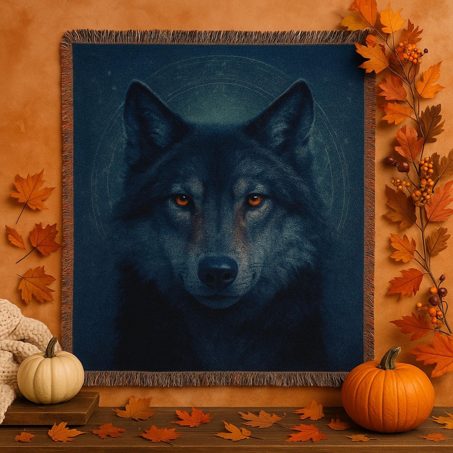 A woven blanket featuring a striking, realistic illustration of a wolf&#39;s face with glowing amber eyes, set against a dark blue background with subtle circular designs. The blanket is displayed vertically on a warm-toned wall decorated with autumn leaves, orange berries, a white knit throw, and small pumpkins, creating a cozy fall atmosphere.