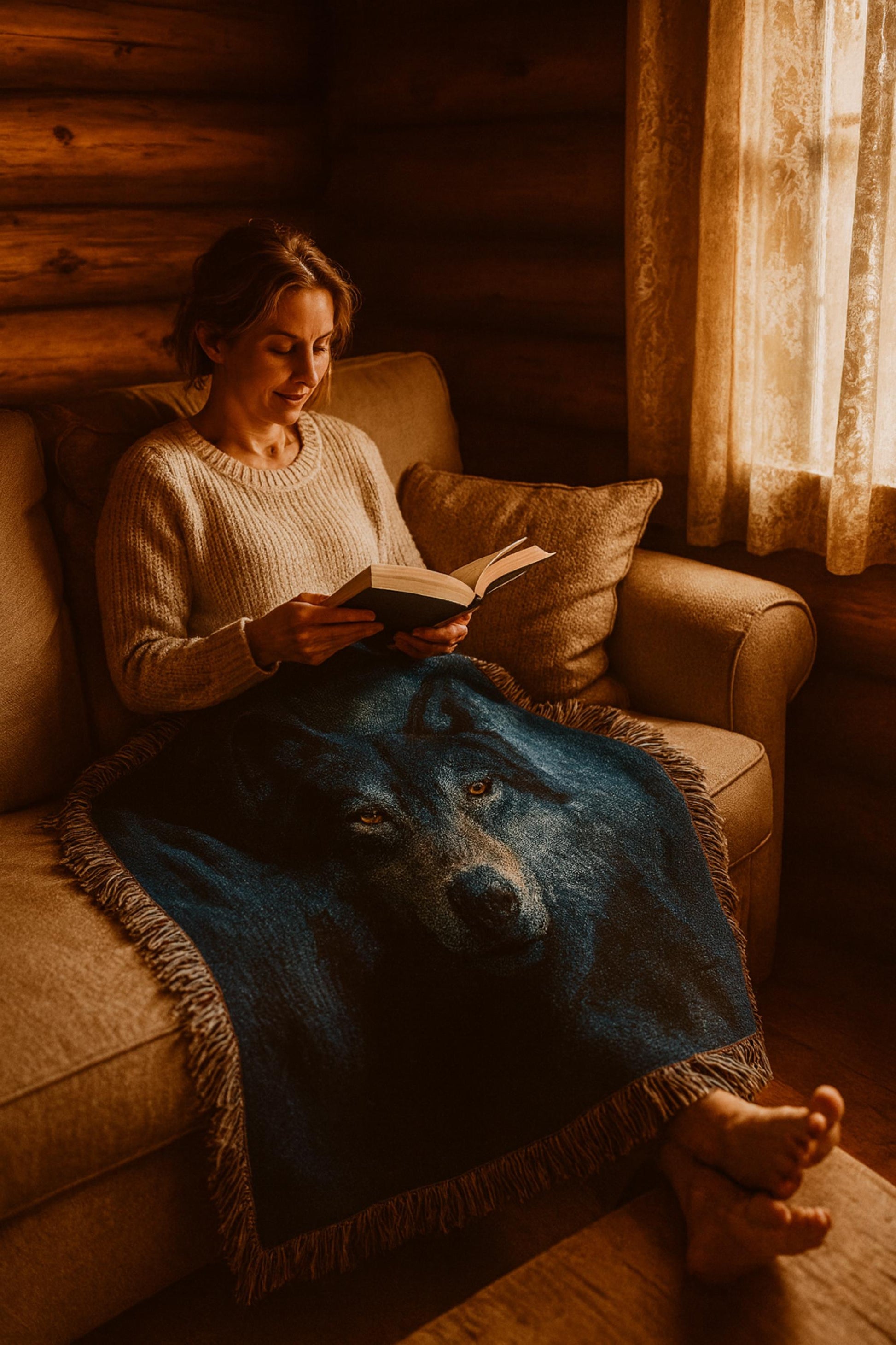 A woman sits comfortably on a cozy beige couch in a rustic log cabin, reading a book with a soft smile. Draped over her lap is a woven blanket featuring a detailed illustration of a wolf’s face with golden eyes, set against a deep blue background. Warm, natural light filters through lace curtains, creating a peaceful and inviting atmosphere.