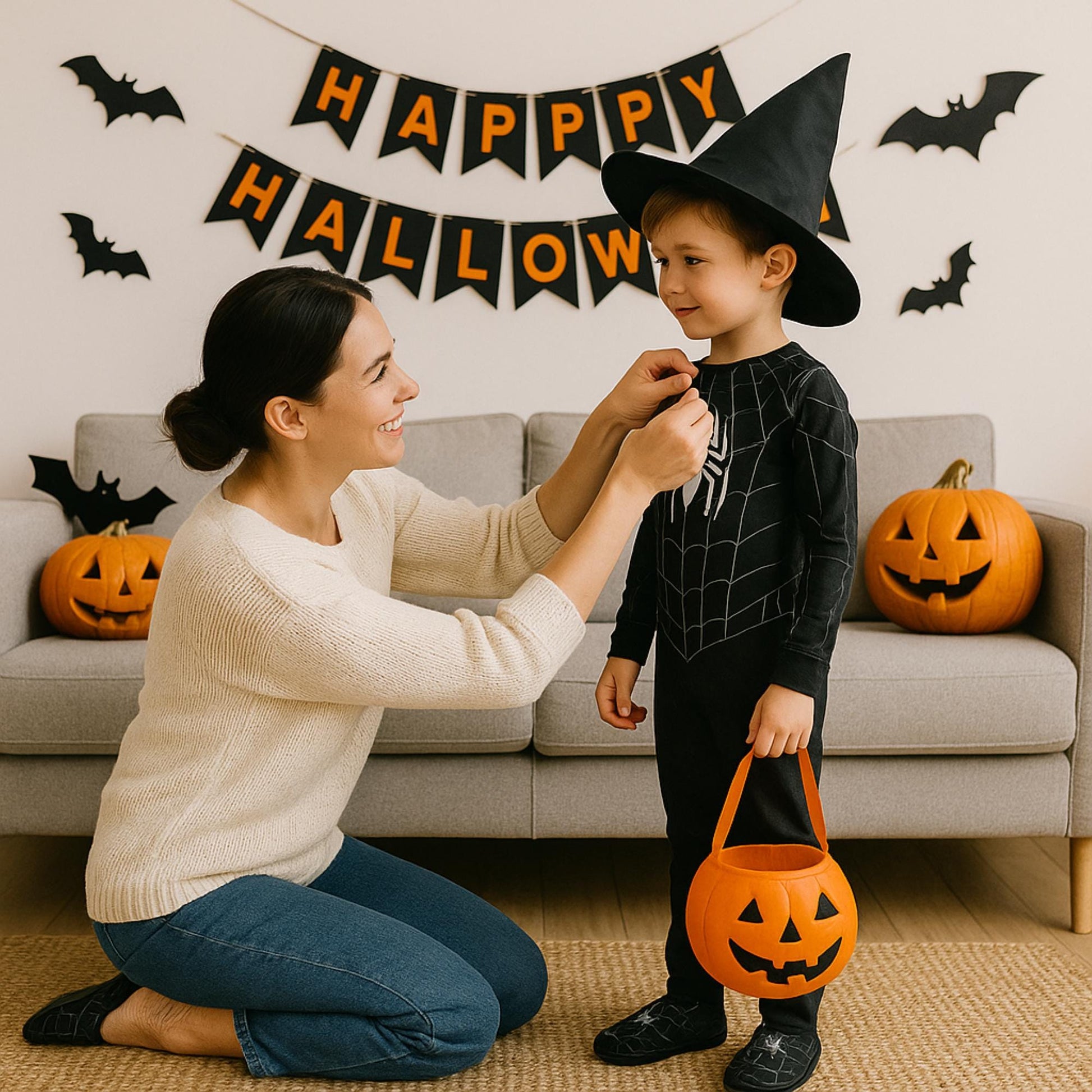 A woman kneels on the floor, smiling as she adjusts the costume of a young boy dressed in a black spider-themed Halloween outfit and witch hat. The boy holds a pumpkin-shaped candy bucket. Behind them, a festive &quot;Happy Halloween&quot; banner, bat decorations, and carved pumpkins create a cheerful holiday backdrop in a cozy living room.