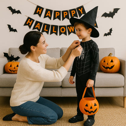 A woman kneels on the floor, smiling as she adjusts the costume of a young boy dressed in a black spider-themed Halloween outfit and witch hat. The boy holds a pumpkin-shaped candy bucket. Behind them, a festive &quot;Happy Halloween&quot; banner, bat decorations, and carved pumpkins create a cheerful holiday backdrop in a cozy living room.