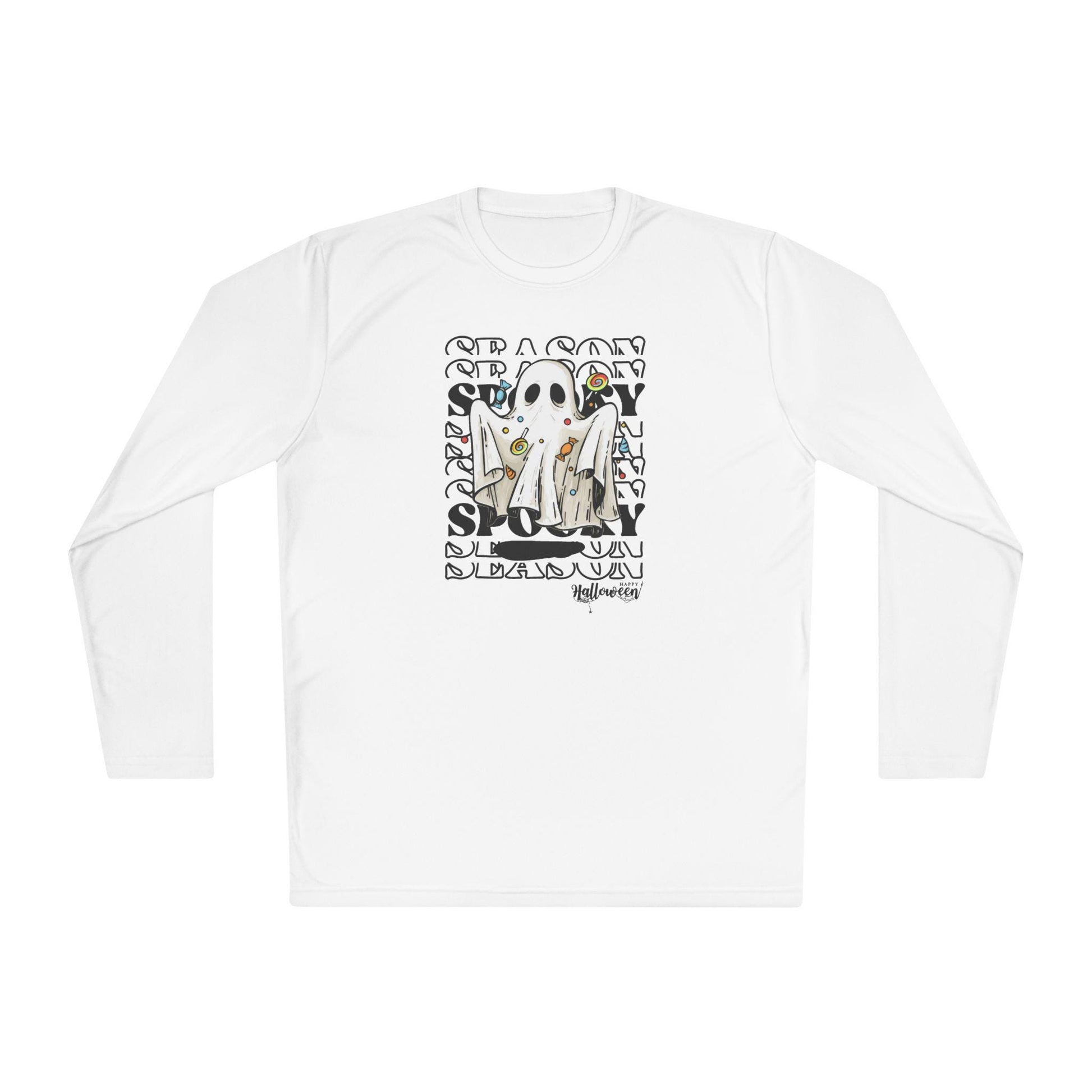 White long-sleeve shirt featuring a Halloween-themed graphic of a ghost costume holding candy, surrounded by a repeating background of the words &#39;SEASON&#39; and &#39;SPOOKY&#39; in bold, stylized lettering. The word &#39;Halloween&#39; is written at the bottom of the design.