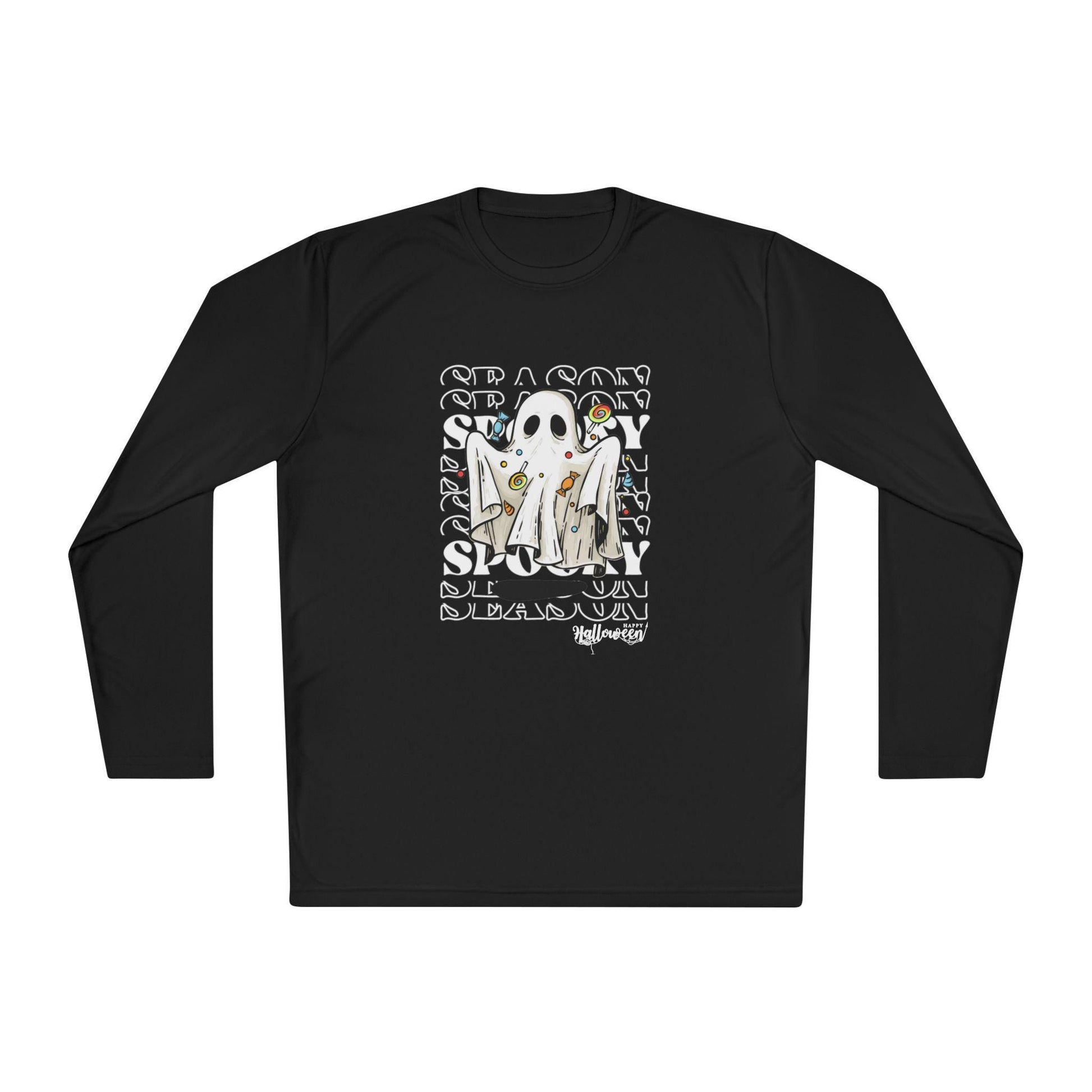 Black long-sleeve shirt featuring a Halloween-themed graphic of a ghost costume holding candy, centered on the chest. Behind the ghost is a repeating background of the words &#39;SEASON&#39; and &#39;SPOOKY&#39; in bold, stylized text, with &#39;Halloween&#39; written at the bottom of the design.