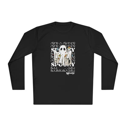 Black long-sleeve shirt featuring a Halloween-themed graphic of a ghost costume holding candy, centered on the chest. Behind the ghost is a repeating background of the words &#39;SEASON&#39; and &#39;SPOOKY&#39; in bold, stylized text, with &#39;Halloween&#39; written at the bottom of the design.
