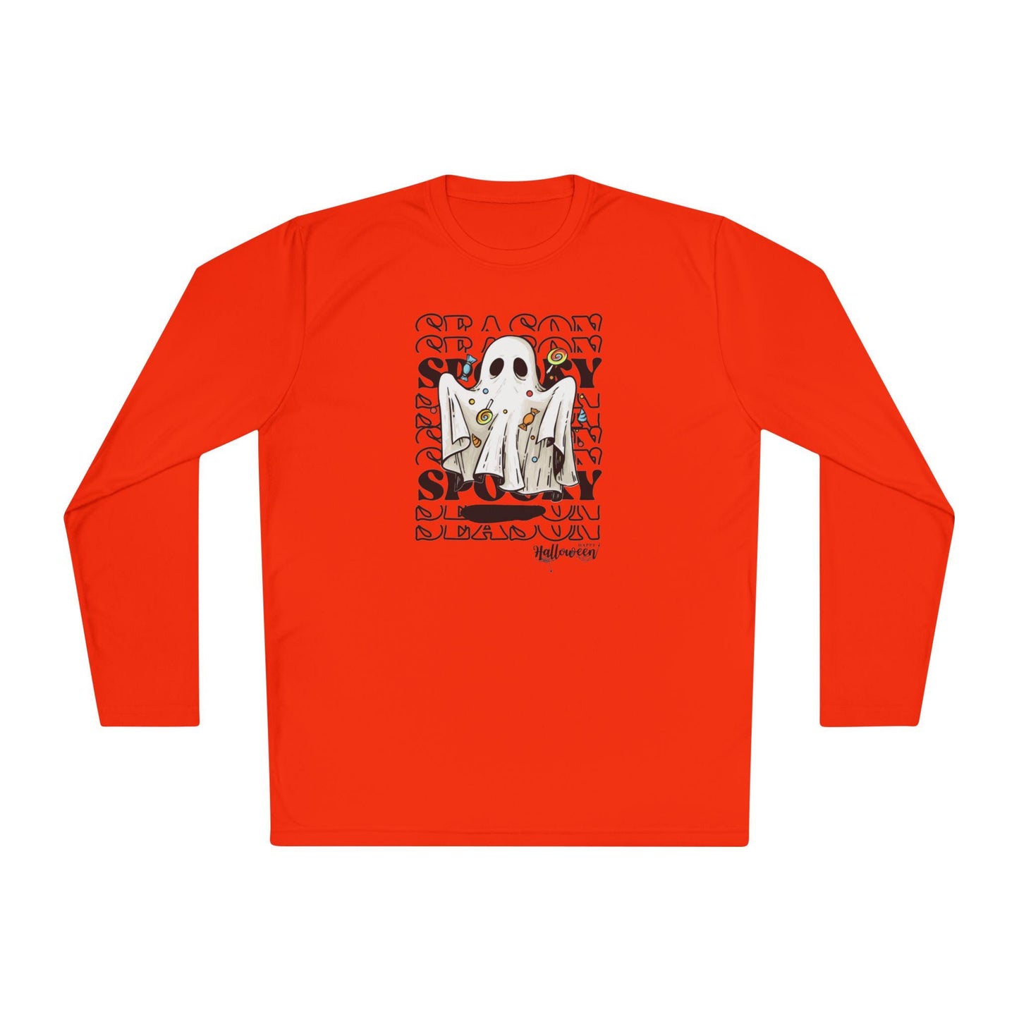 Bright orange long-sleeve shirt featuring a Halloween-themed graphic of a ghost costume holding candy, centered on the chest. The background of the design includes a repeating pattern of the words &#39;SEASON&#39; and &#39;SPOOKY&#39; in bold, stylized text, with &#39;Halloween&#39; written at the bottom.