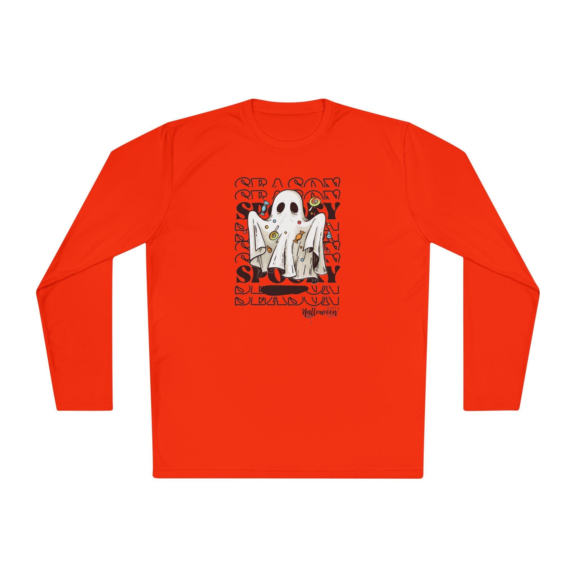 Bright orange long-sleeve shirt featuring a Halloween-themed graphic of a ghost costume holding candy, centered on the chest. The background of the design includes a repeating pattern of the words &#39;SEASON&#39; and &#39;SPOOKY&#39; in bold, stylized text, with &#39;Halloween&#39; written at the bottom.