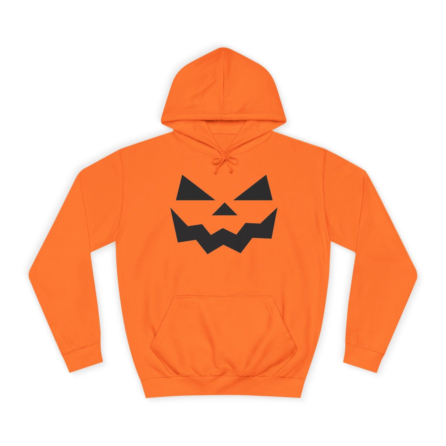 Bright orange hoodie laid flat on a white background, featuring a bold black jack-o&#39;-lantern face design on the front. The hoodie has a front pocket and drawstring hood, styled for a Halloween theme.