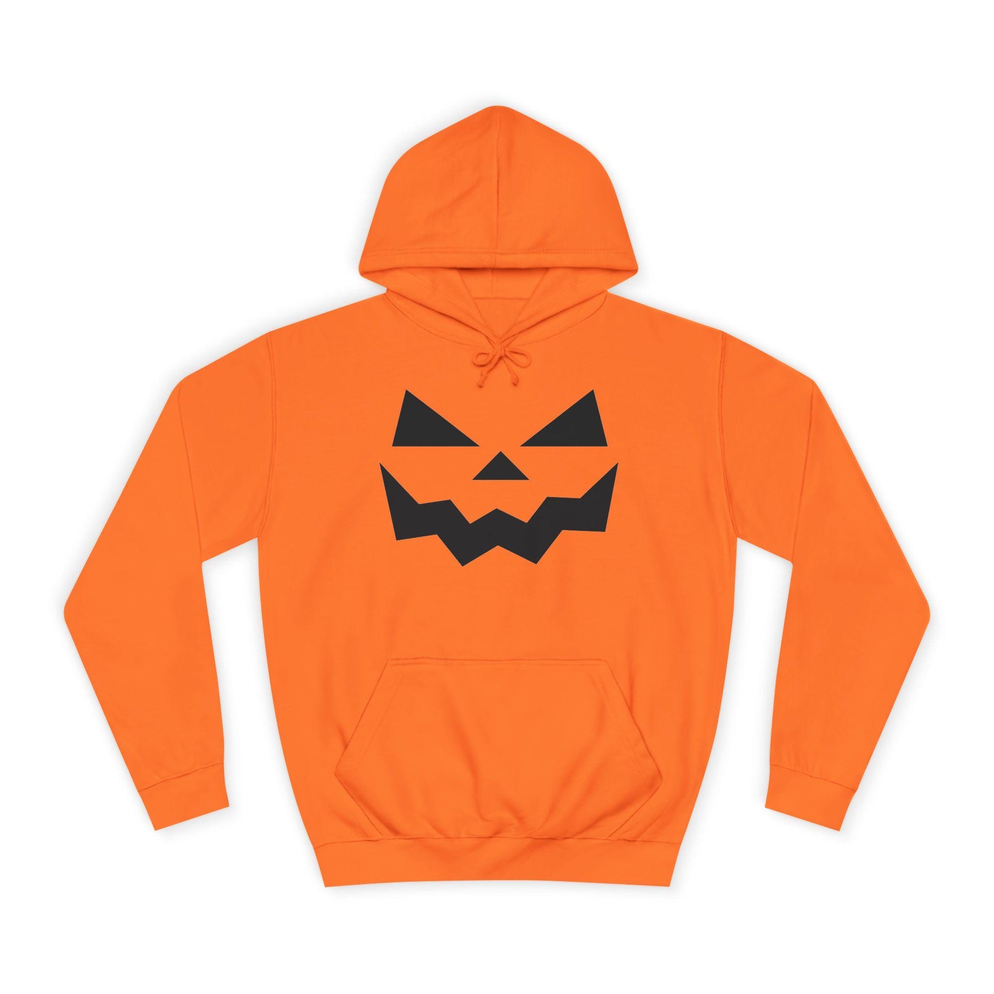 Bright orange hoodie laid flat on a white background, featuring a bold black jack-o&#39;-lantern face design on the front. The hoodie has a front pocket and drawstring hood, styled for a Halloween theme.