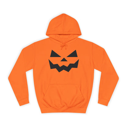 Bright orange hoodie laid flat on a white background, featuring a bold black jack-o&#39;-lantern face design on the front. The hoodie has a front pocket and drawstring hood, styled for a Halloween theme.