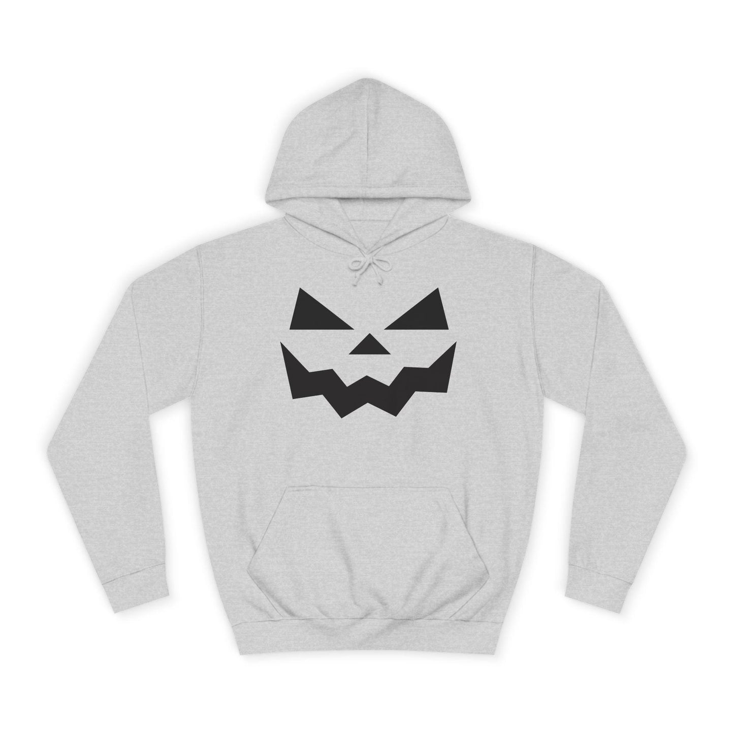 Light gray hoodie laid flat on a white background, featuring a bold black jack-o&#39;-lantern face design on the front. The hoodie includes a front pocket and a drawstring hood, perfect for a Halloween-themed look.