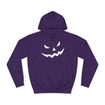 Purple hoodie laid flat on a white background, featuring a bold white jack-o&#39;-lantern face design on the front. The hoodie includes a front pouch pocket and drawstring hood, perfect for Halloween-themed wear.