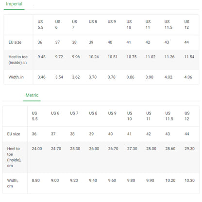 Shoe size chart displaying conversions between US and EU sizes, along with heel-to-toe and width measurements in both inches and centimeters. The imperial chart includes US sizes 5.5 to 12, EU sizes 36 to 44, heel-to-toe lengths from 9.45 to 11.54 inches, and widths from 3.46 to 4.06 inches. The metric chart lists the same US and EU sizes, with heel-to-toe lengths from 24.00 to 29.30 cm and widths from 8.80 to 10.30 cm.