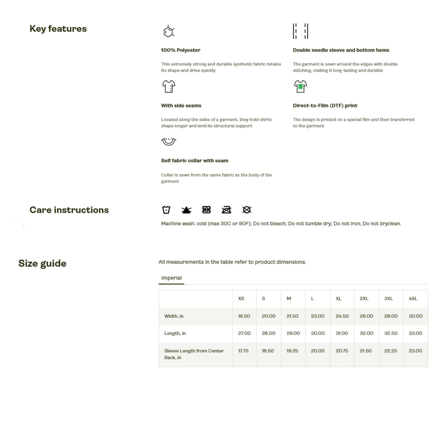 Features, Care instructions, and size guide for a unisex T-shirt made from 100% polyester. Key features include double needle sleeve and bottom hems, side seams for structure, a self-fabric collar with seam, and Direct-to-Film (DTF) printing. Care instructions advise machine washing cold (max 30°C or 90°F), with no bleach, tumble drying, ironing, or dry cleaning. The size chart in imperial units includes measurements for width, length, and sleeve length from center back, ranging from XS to 4XL.