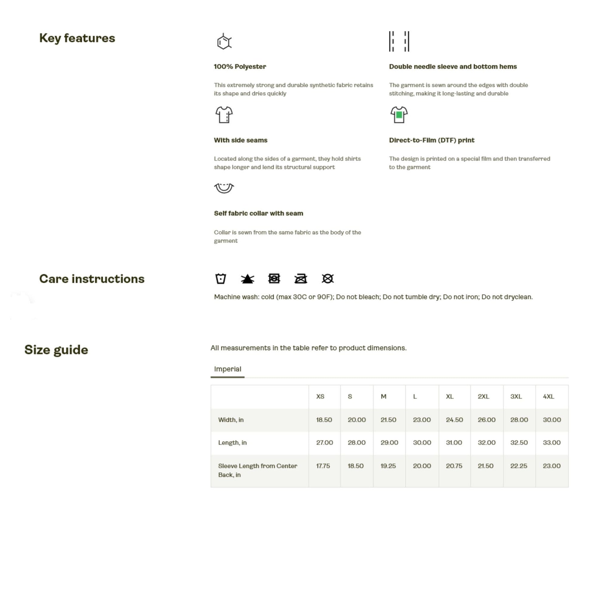 Features, Care instructions, and size guide for a unisex T-shirt made from 100% polyester. Key features include double needle sleeve and bottom hems, side seams for structure, a self-fabric collar with seam, and Direct-to-Film (DTF) printing. Care instructions advise machine washing cold (max 30°C or 90°F), with no bleach, tumble drying, ironing, or dry cleaning. The size chart in imperial units includes measurements for width, length, and sleeve length from center back, ranging from XS to 4XL.