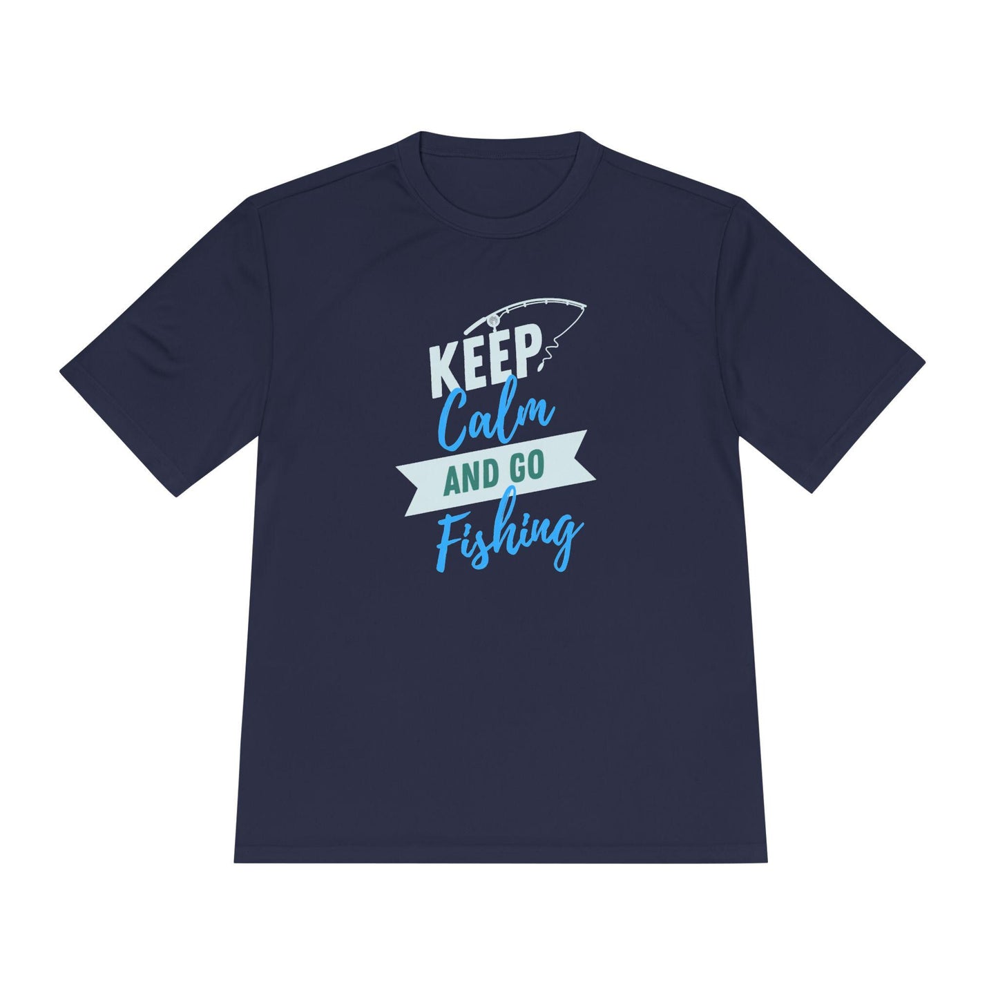 Flat lay of a navy blue T-shirt featuring a playful fishing-themed graphic. The design reads “KEEP Calm AND GO Fishing” in a combination of white, teal, and blue lettering, accented by a simple outline of a fishing rod above the word “KEEP.” The shirt is displayed on a clean white background and has a classic unisex cut, ideal for anglers and outdoor enthusiasts.