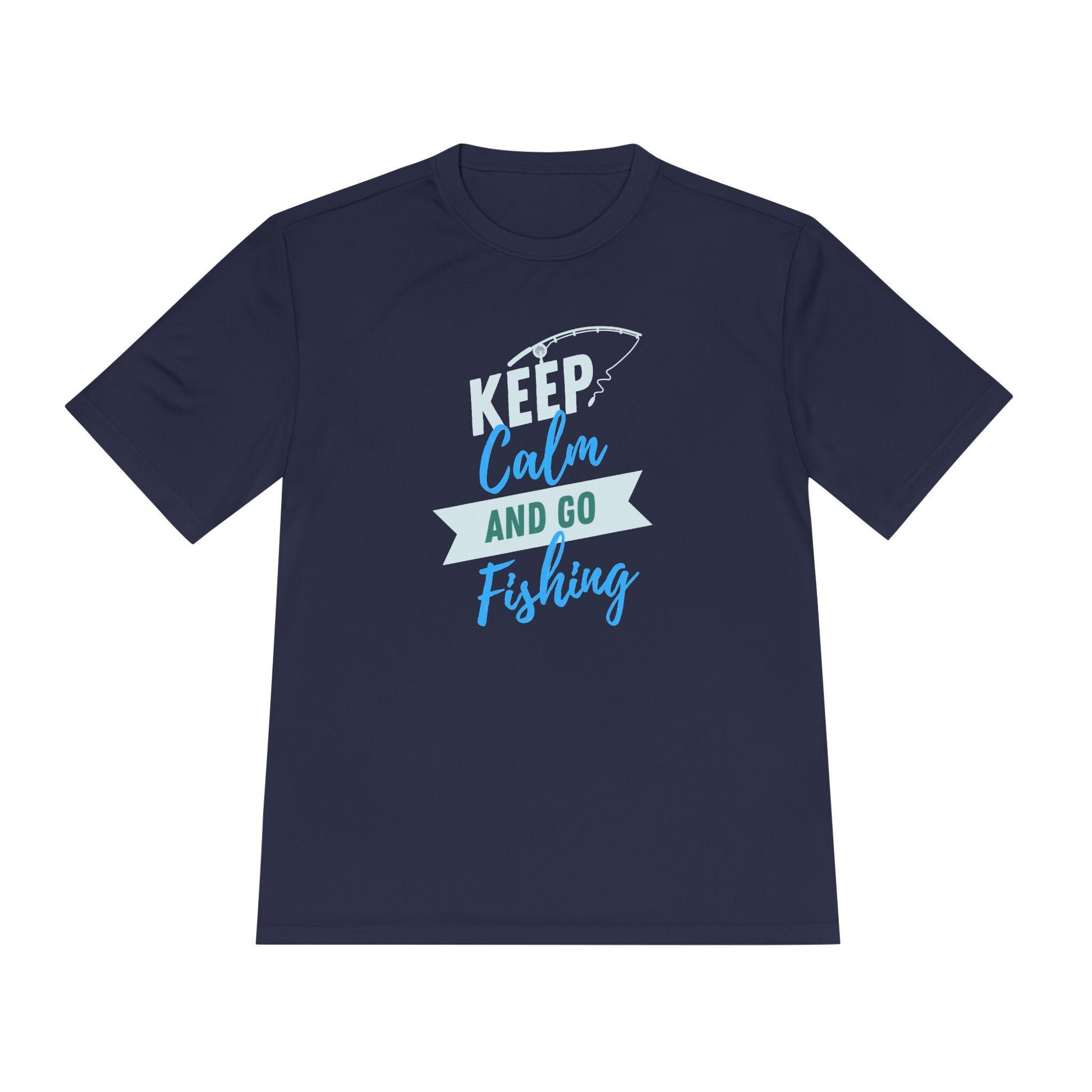 Flat lay of a navy blue T-shirt featuring a playful fishing-themed graphic. The design reads “KEEP Calm AND GO Fishing” in a combination of white, teal, and blue lettering, accented by a simple outline of a fishing rod above the word “KEEP.” The shirt is displayed on a clean white background and has a classic unisex cut, ideal for anglers and outdoor enthusiasts.